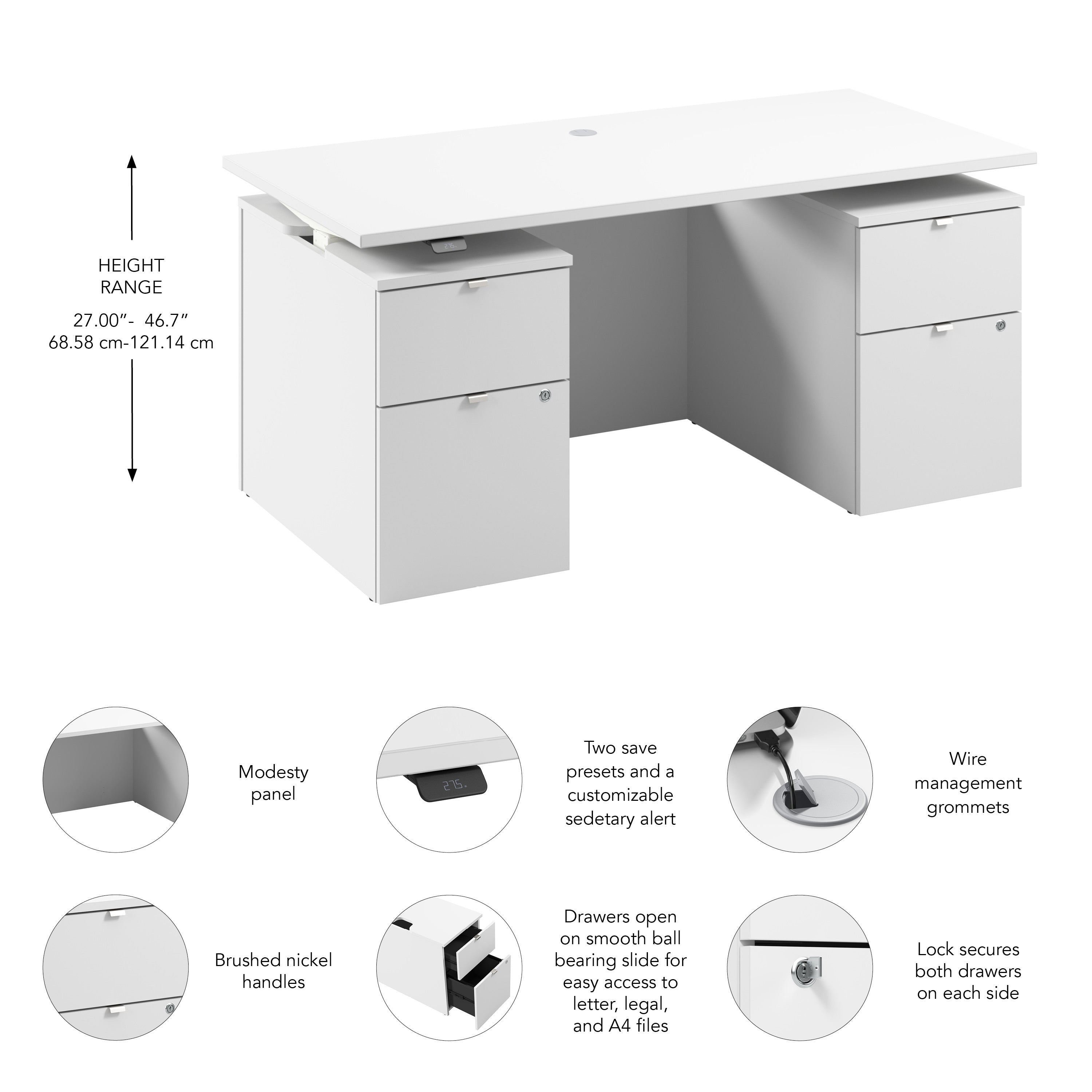 Bush Business Furniture Stratus&nbsp;60W x&nbsp;30D Electric Standing Desk with Drawers and Modesty Panel in White with White Base - 59.45" Width x 29.37" Depth x 27.44" Height