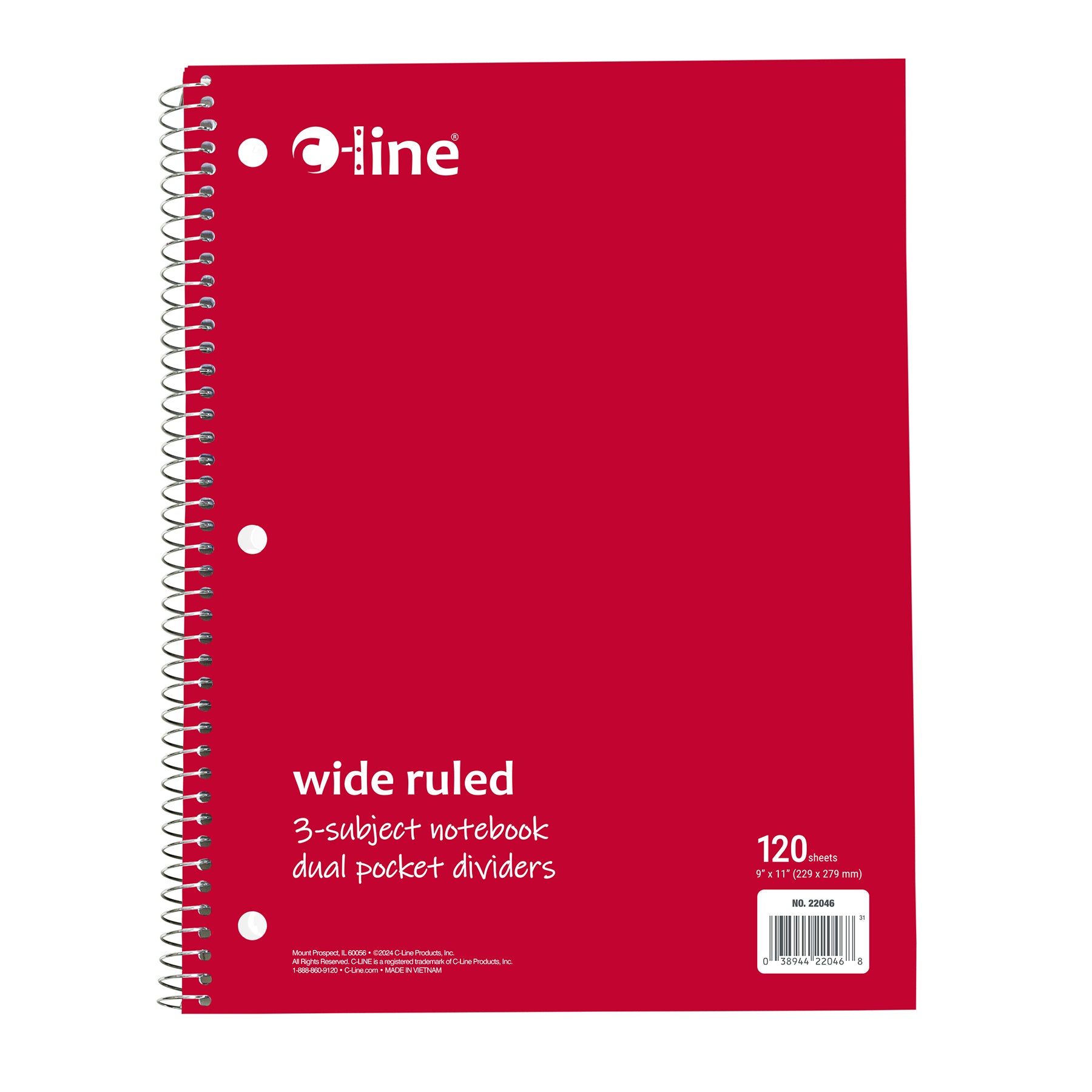 3-Subject Notebook, Wide Ruled, 120 Sheets, Assorted Colors