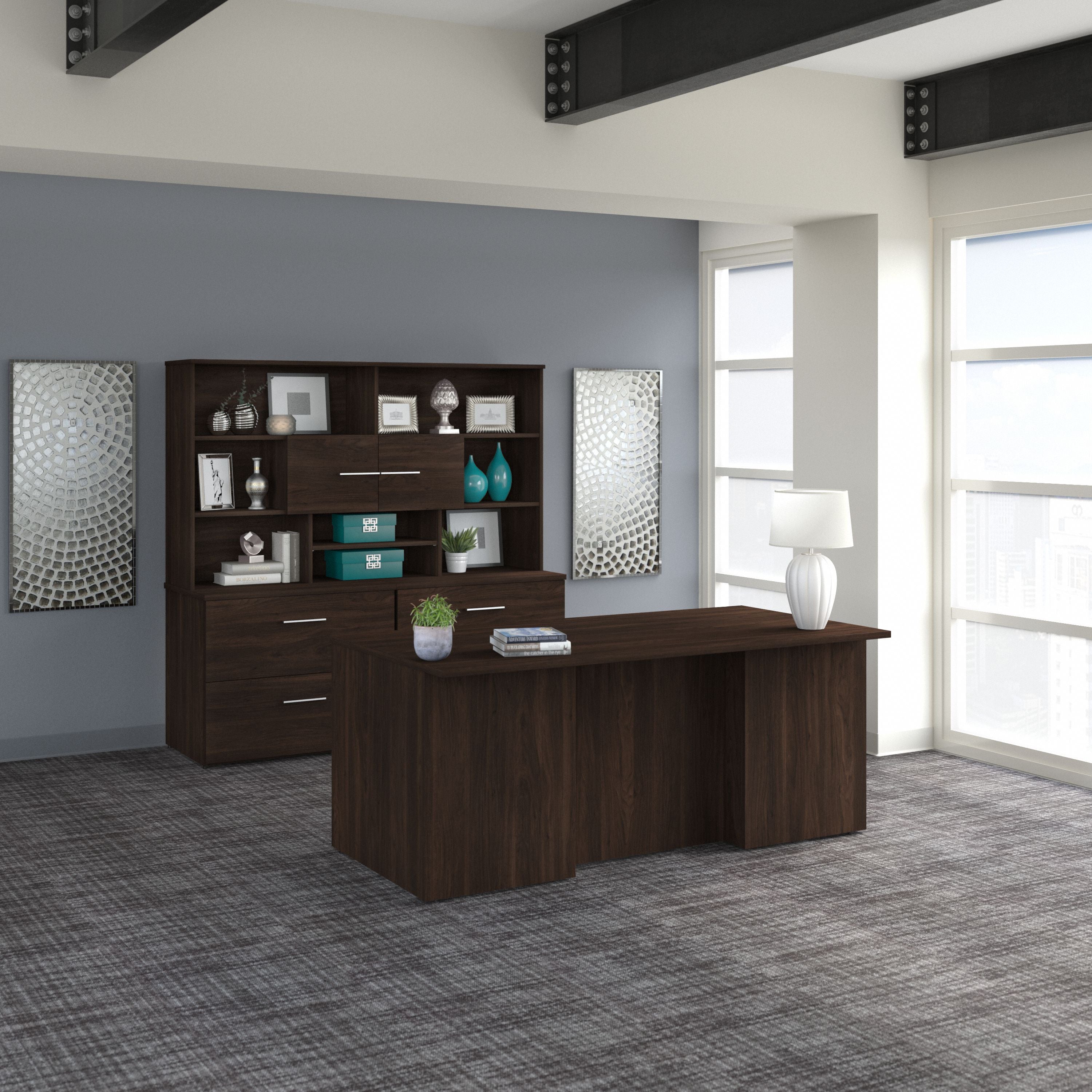 Bush Business Furniture Office 500 72W x 36D Executive Desk with Drawers, Lateral File Cabinets and Hutch in Black Walnut - 71.02" Width x 35.43" Depth x 70.09" Height