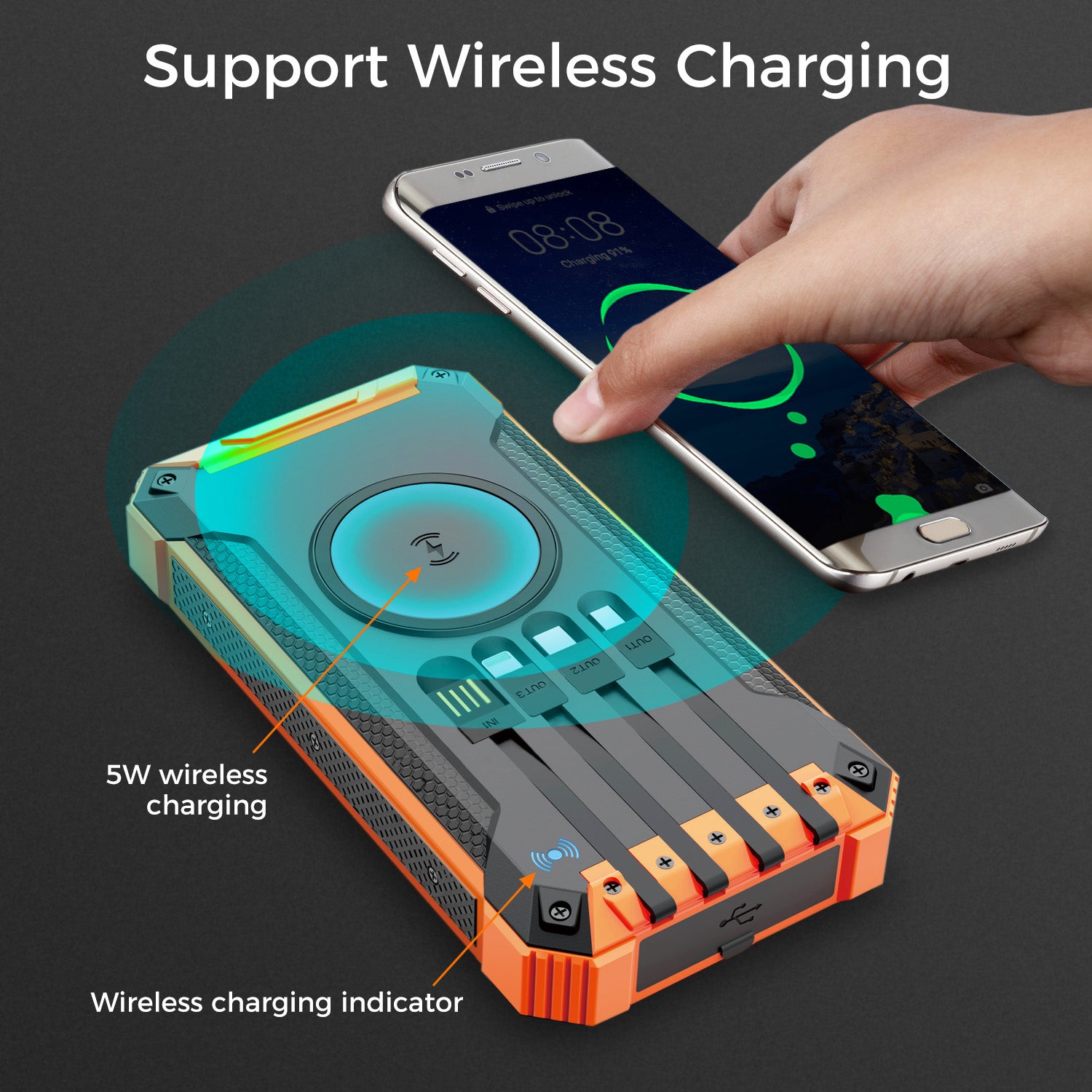 20000mAh Solar Power Bank with Wireless Charging and Built-in Cables, Orange