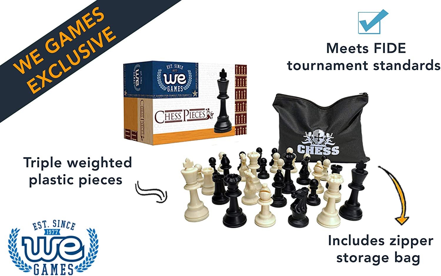Weighted Plastic Staunton Chess Pieces, 3.75 in King