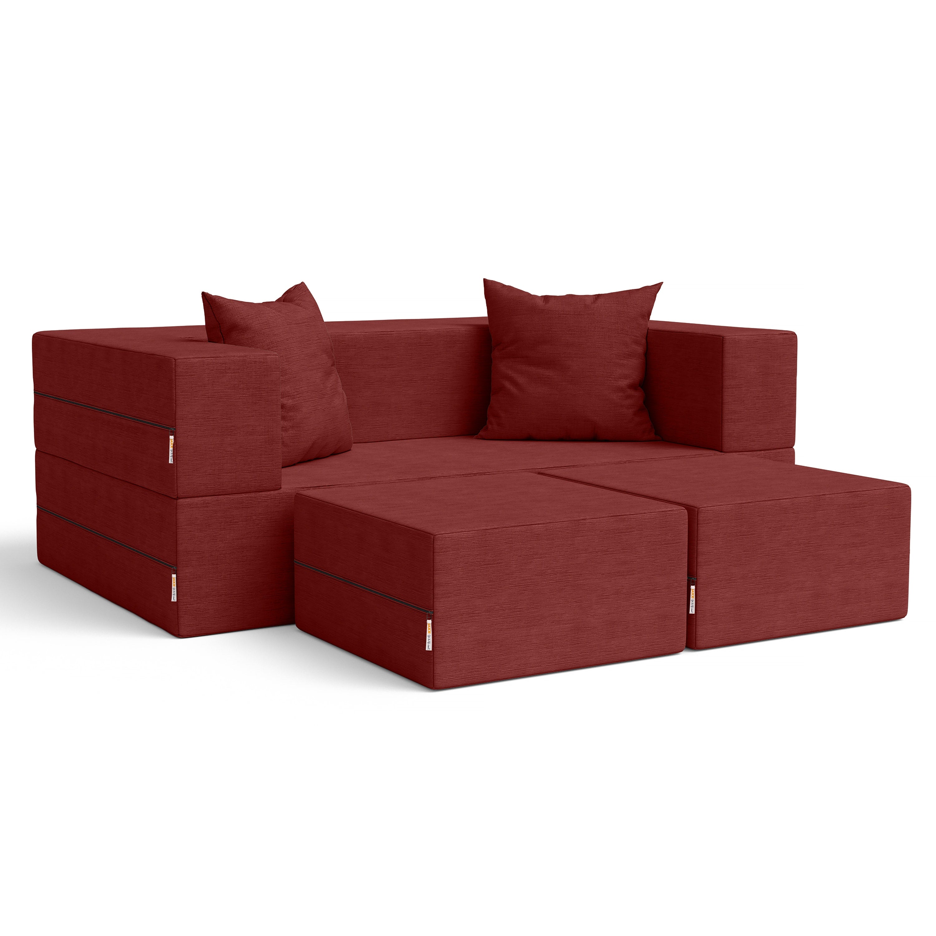 Jaxx Zipline Convertible Sleeper Loveseat & Ottomans, Textured Microvelvet - Berry Red