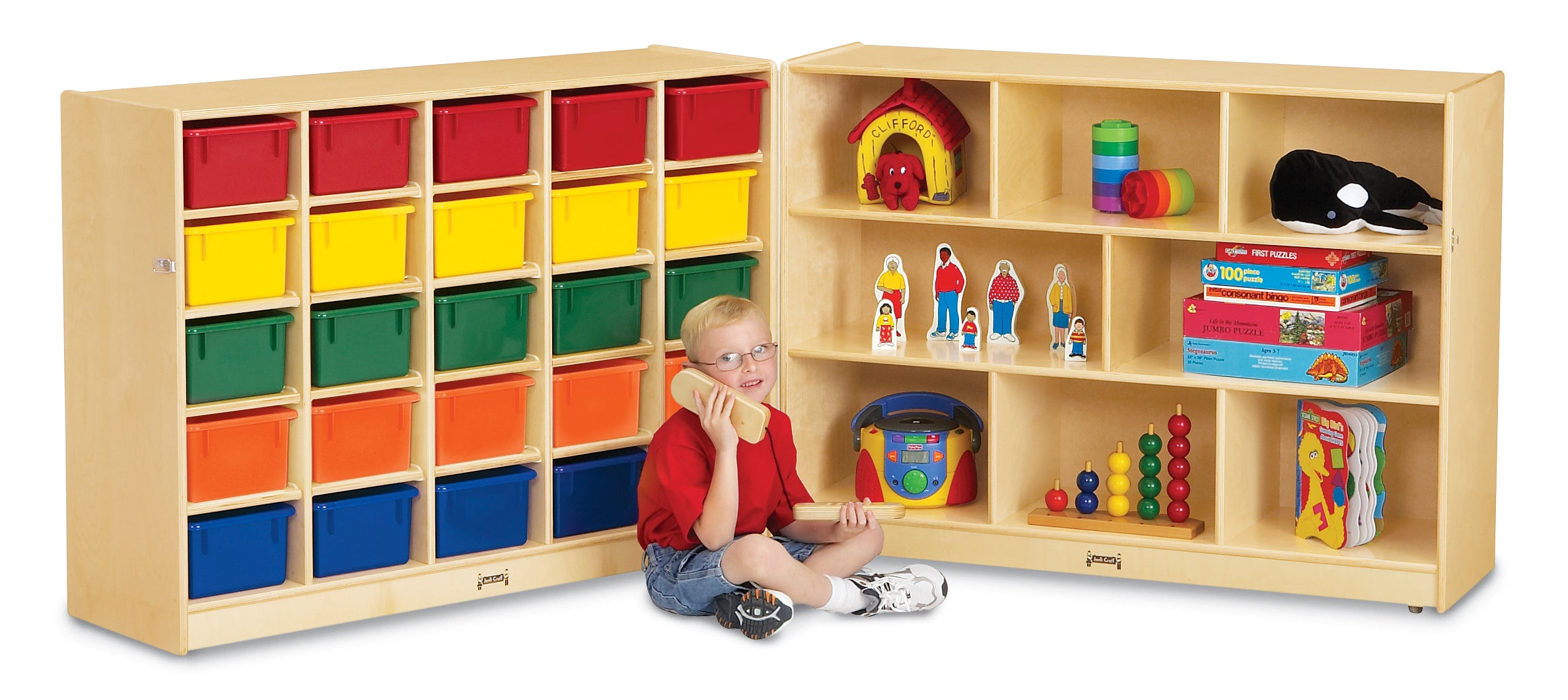 Jonti-Craft® 25 Cubbie-Tray Mobile Fold-n-Lock - with Clear Trays
