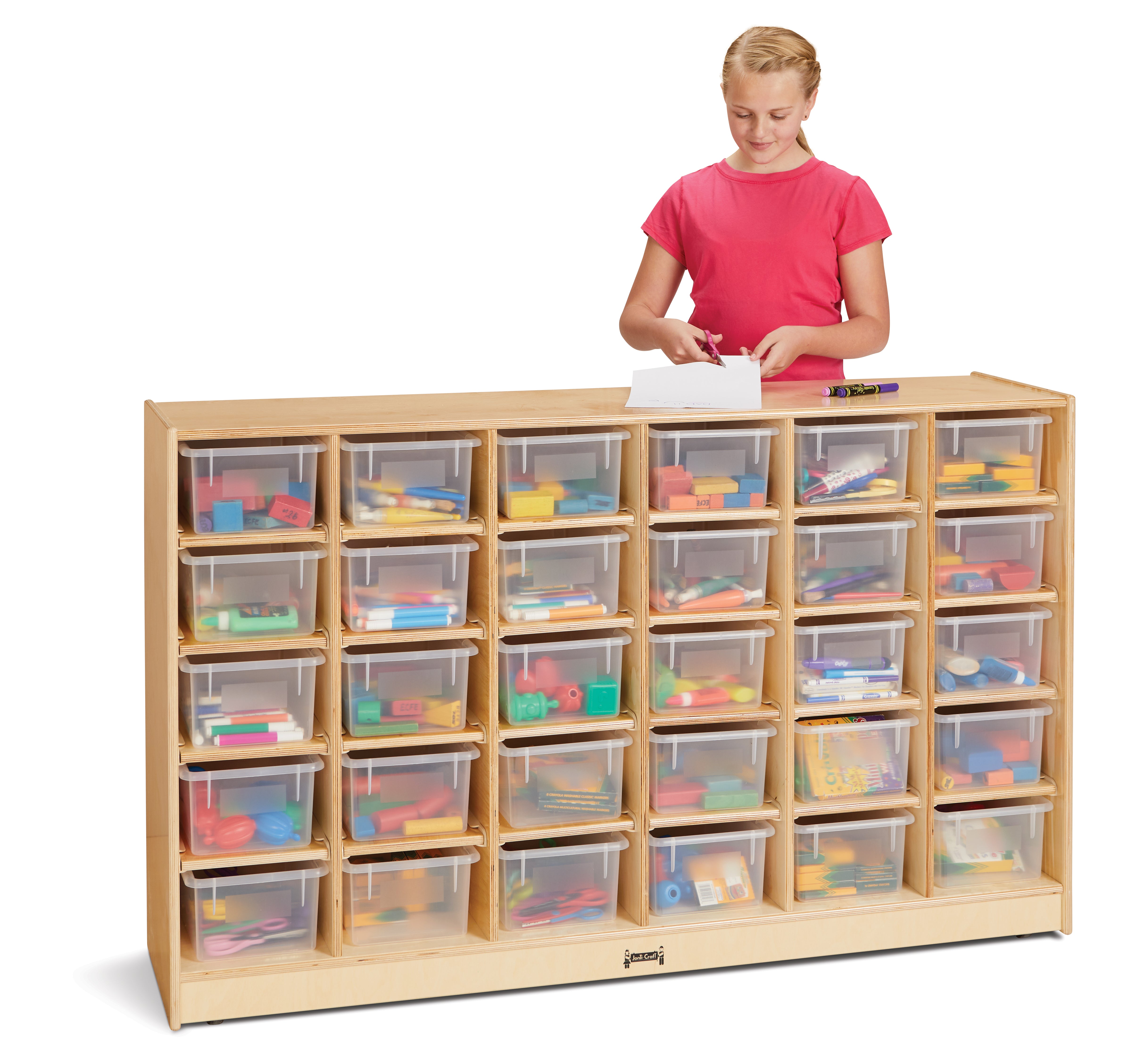 Jonti-Craft® 30 Cubbie-Tray Mobile Storage - with Clear Trays - Plywood Back
