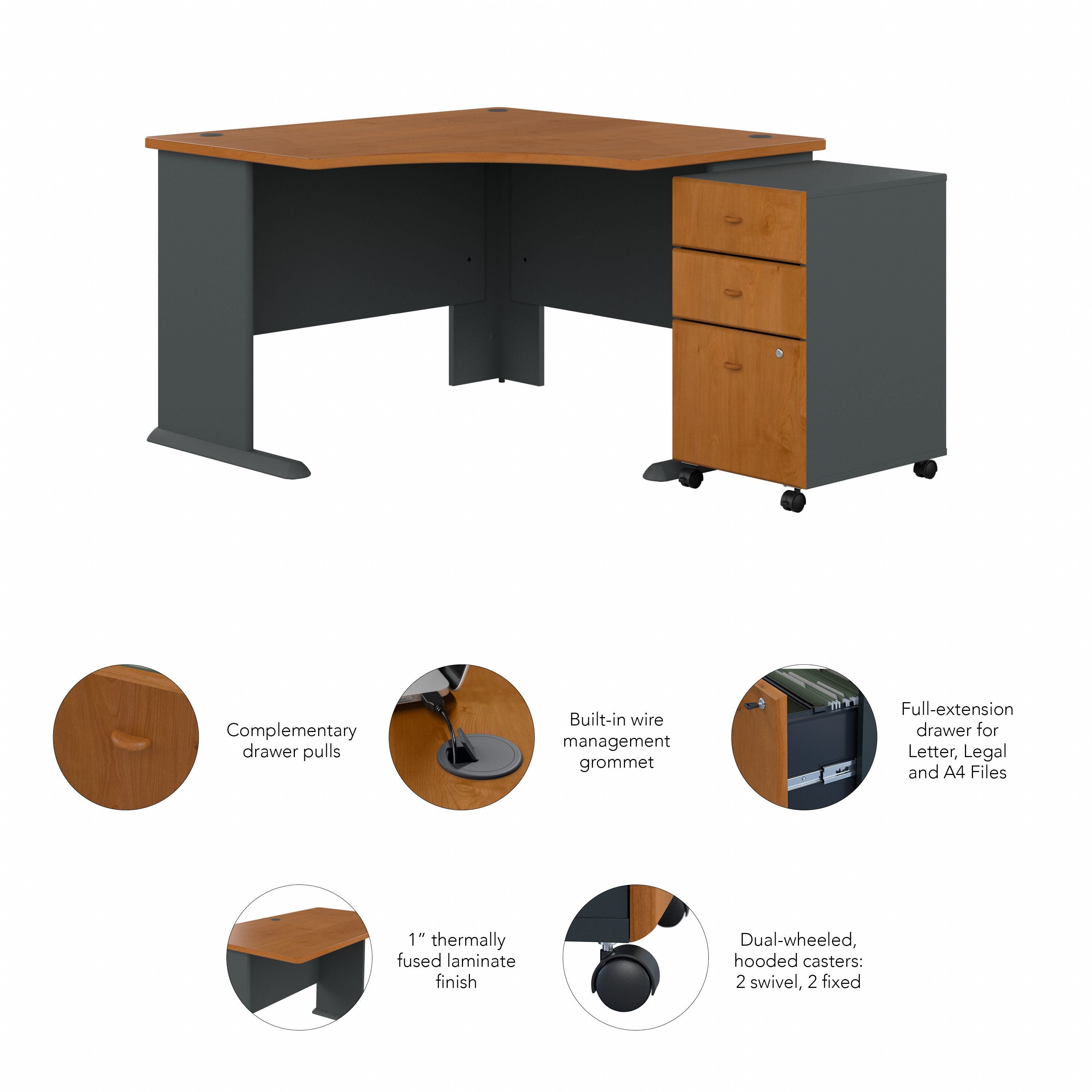 Bush Business Furniture Series A 48W Corner Desk with Mobile File Cabinet in Natural Cherry and Slate - 51.52" Width x 47.17" Depth x 29.66" Height
