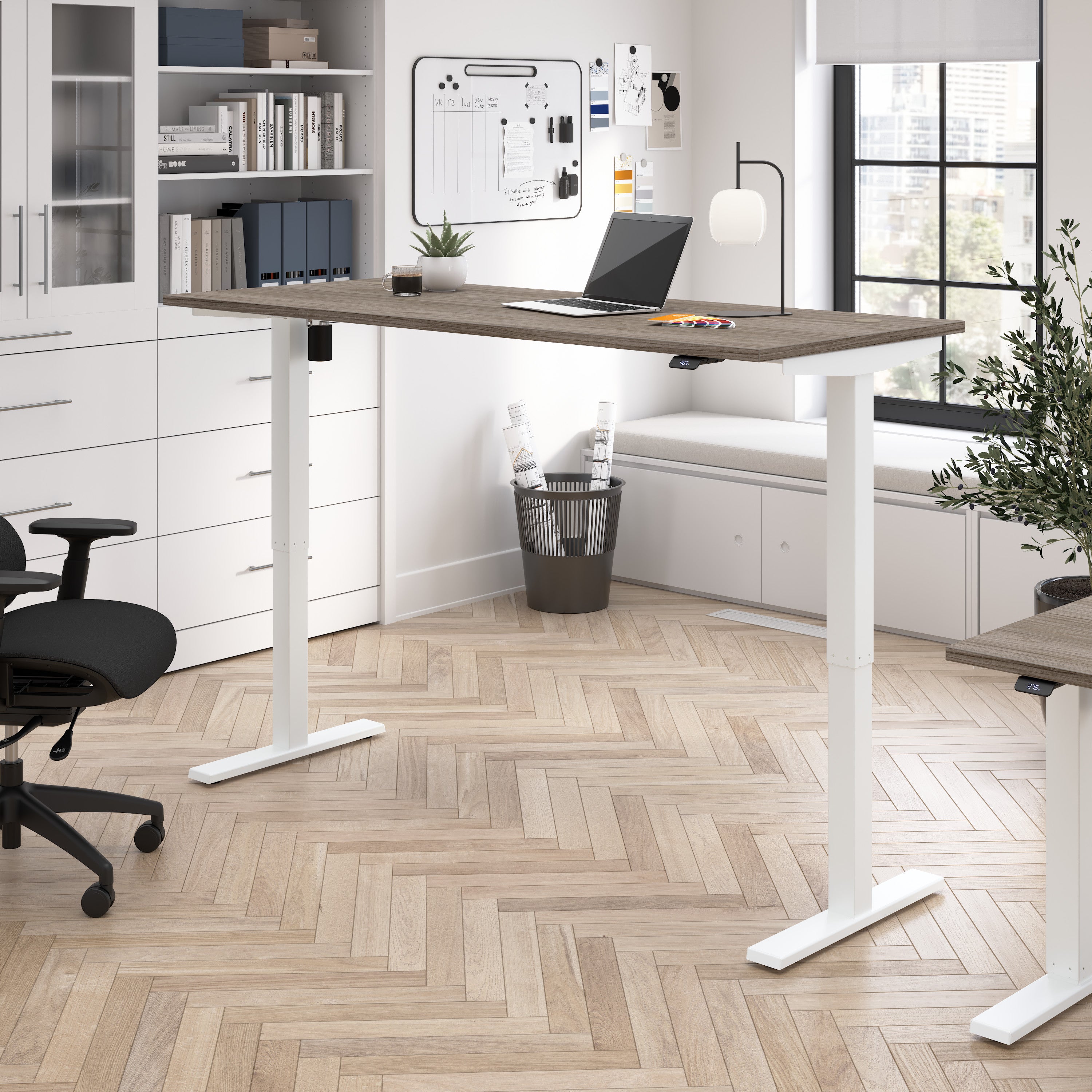 Bush Business Furniture Move 40 Series 72W x 30D Electric Height Adjustable Standing Desk in Modern Hickory with White Base - 71.02" Width x 29.37" Depth x 28.17" Height