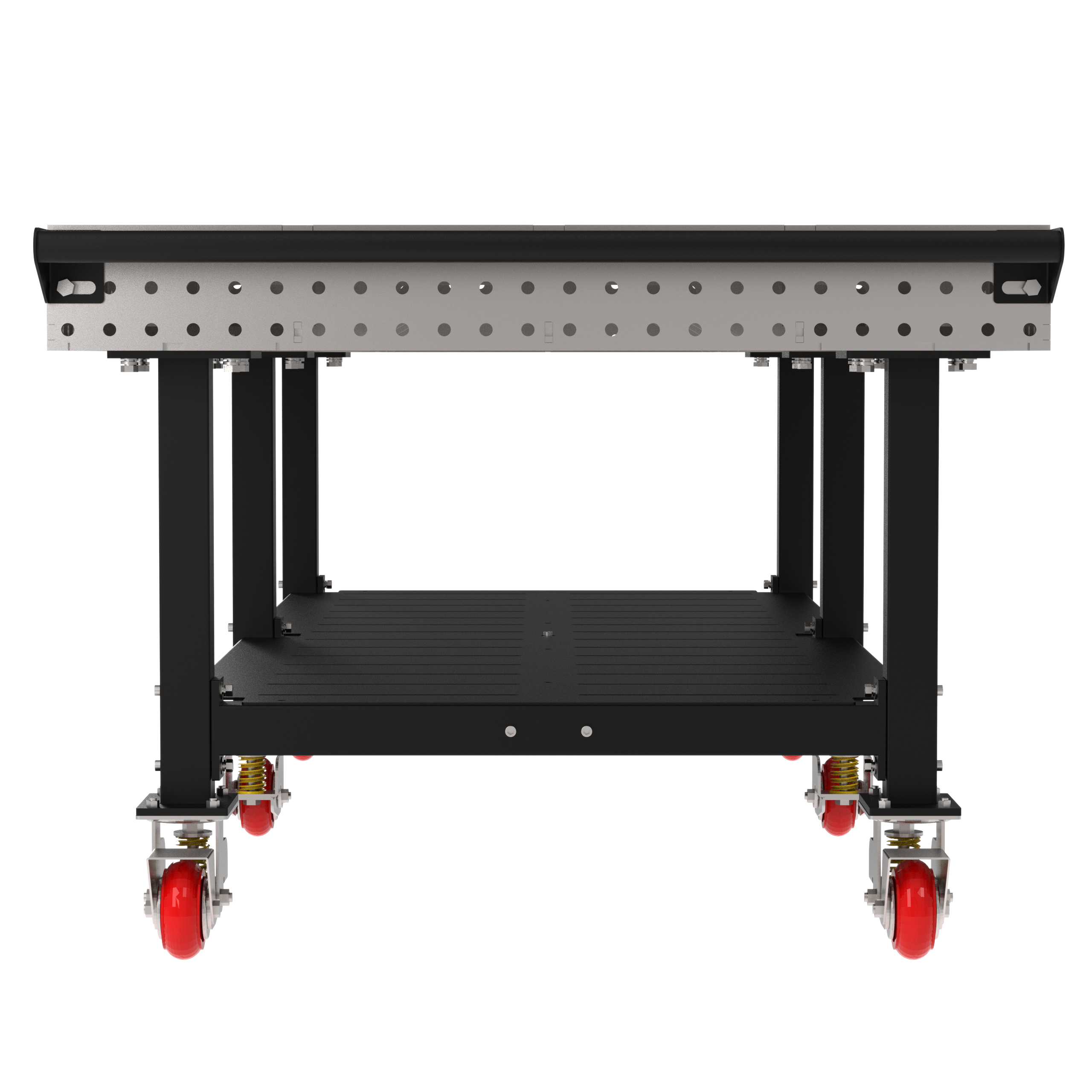 Welding Fixture Table, Fixed Height, 36"H x 96"L x 48"D, 1/4" Carbon Steel Top, Six Black Powdercoat Legs, Shelf, Handle, 6 Heavy Duty Suspension Casters (4 Locking/Swiveling Casters and 2 Non-Locking/Non-SwivelingCasters)