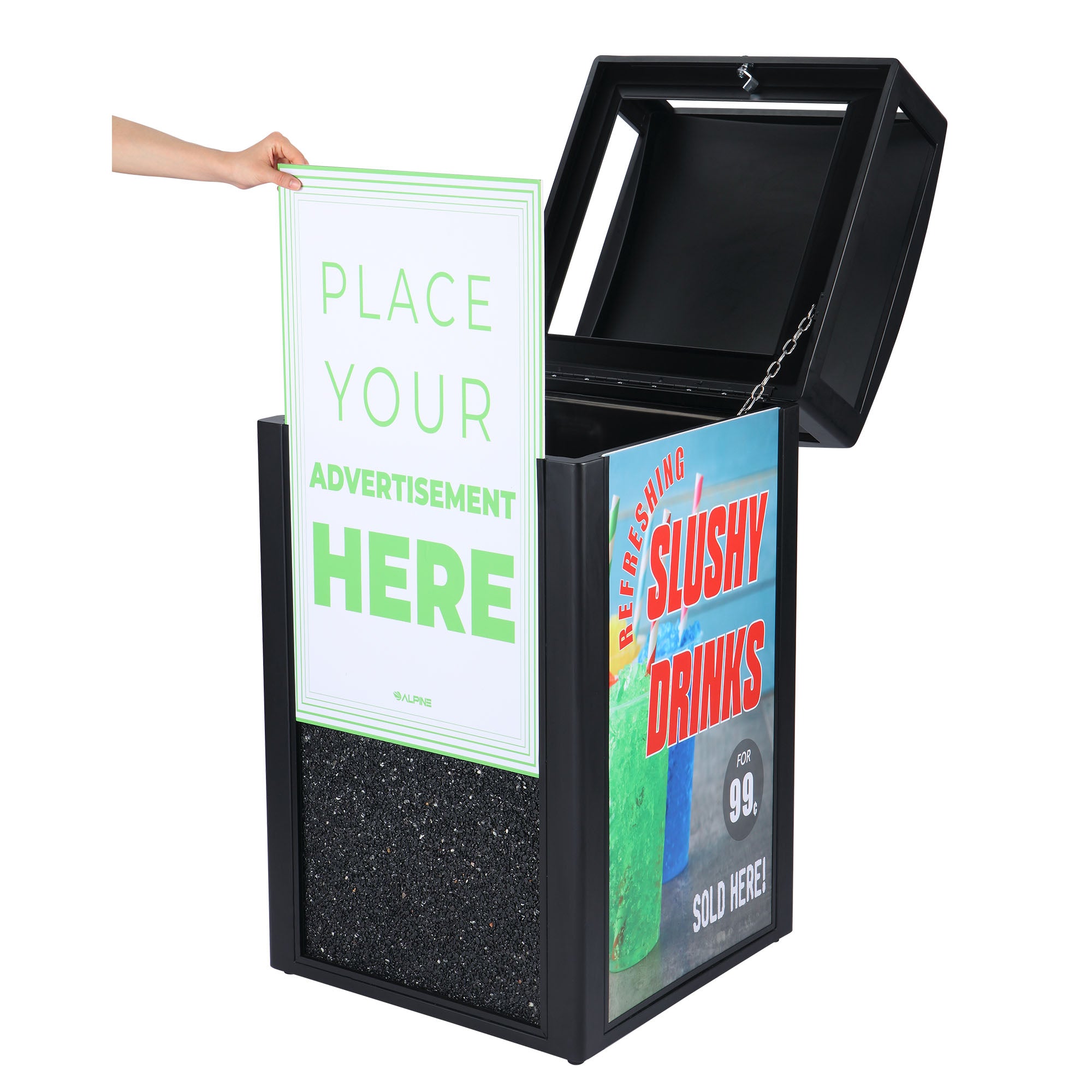 Rugged 40 Gallon All Weather Trash Container, With Advertisement Panels, Grey Stone