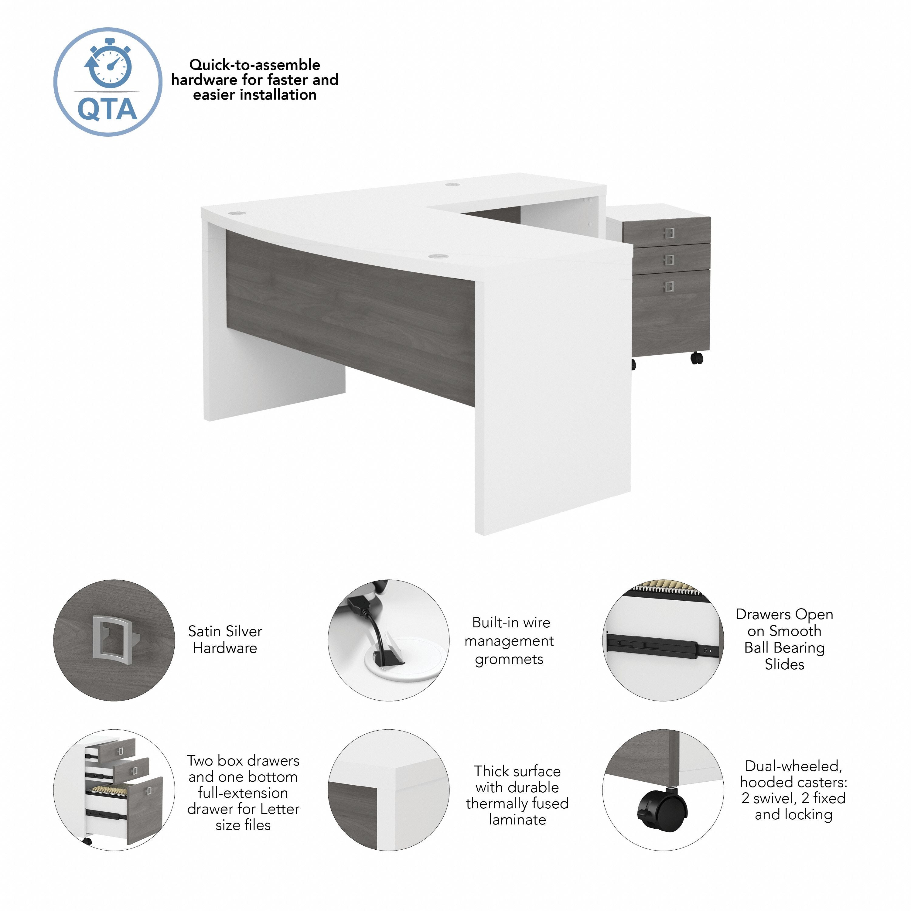 Bush Business Furniture Echo L Shaped Bow Front Desk with Mobile File Cabinet in Pure White and Modern Gray - 60" Width x 64.02" Depth x 30" Height