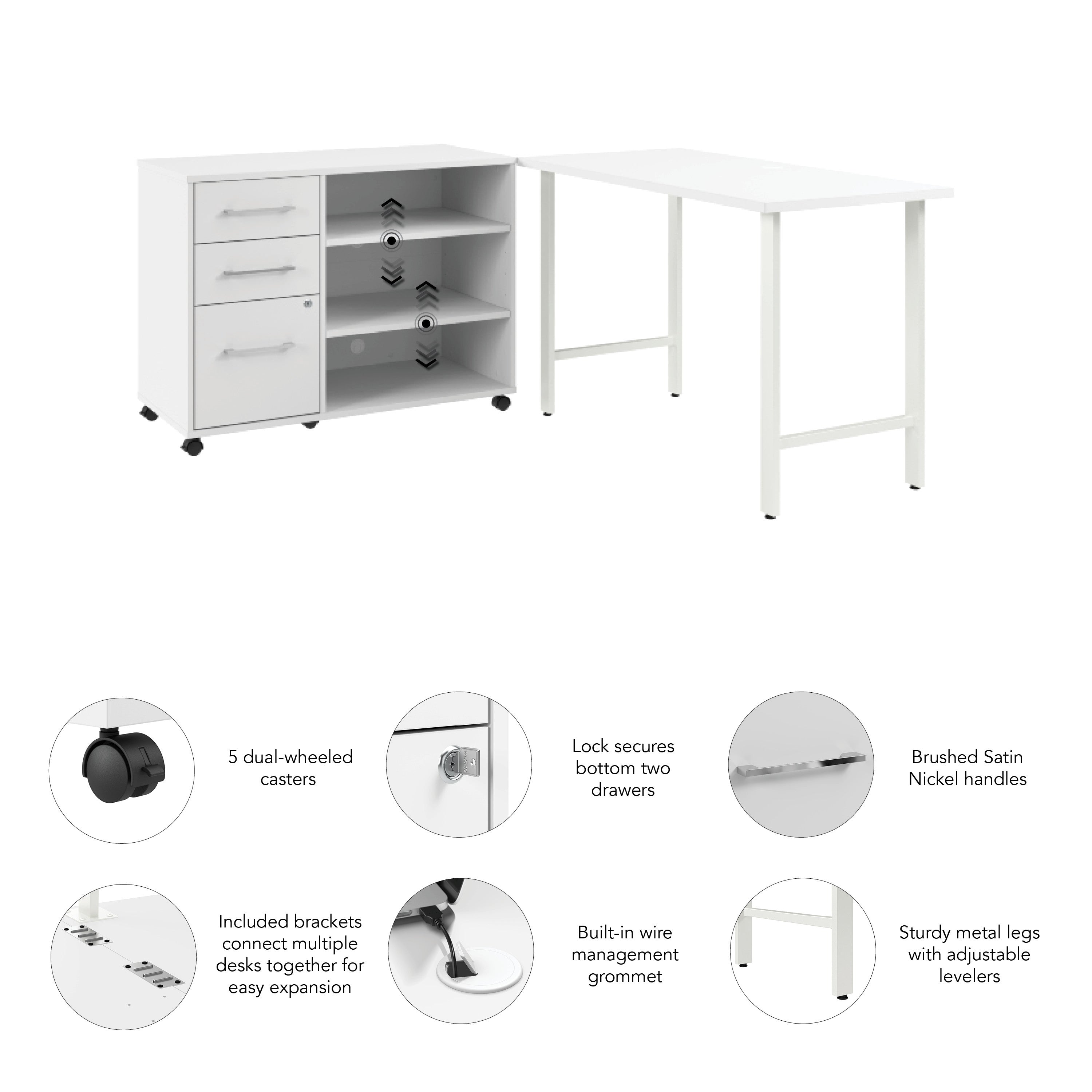 Bush Business Furniture Hustle 48W x 24D Computer Desk and Storage Cabinet with Drawers and Shelves in White - 47.59" Width x 23.34" Depth x 30.07" Height