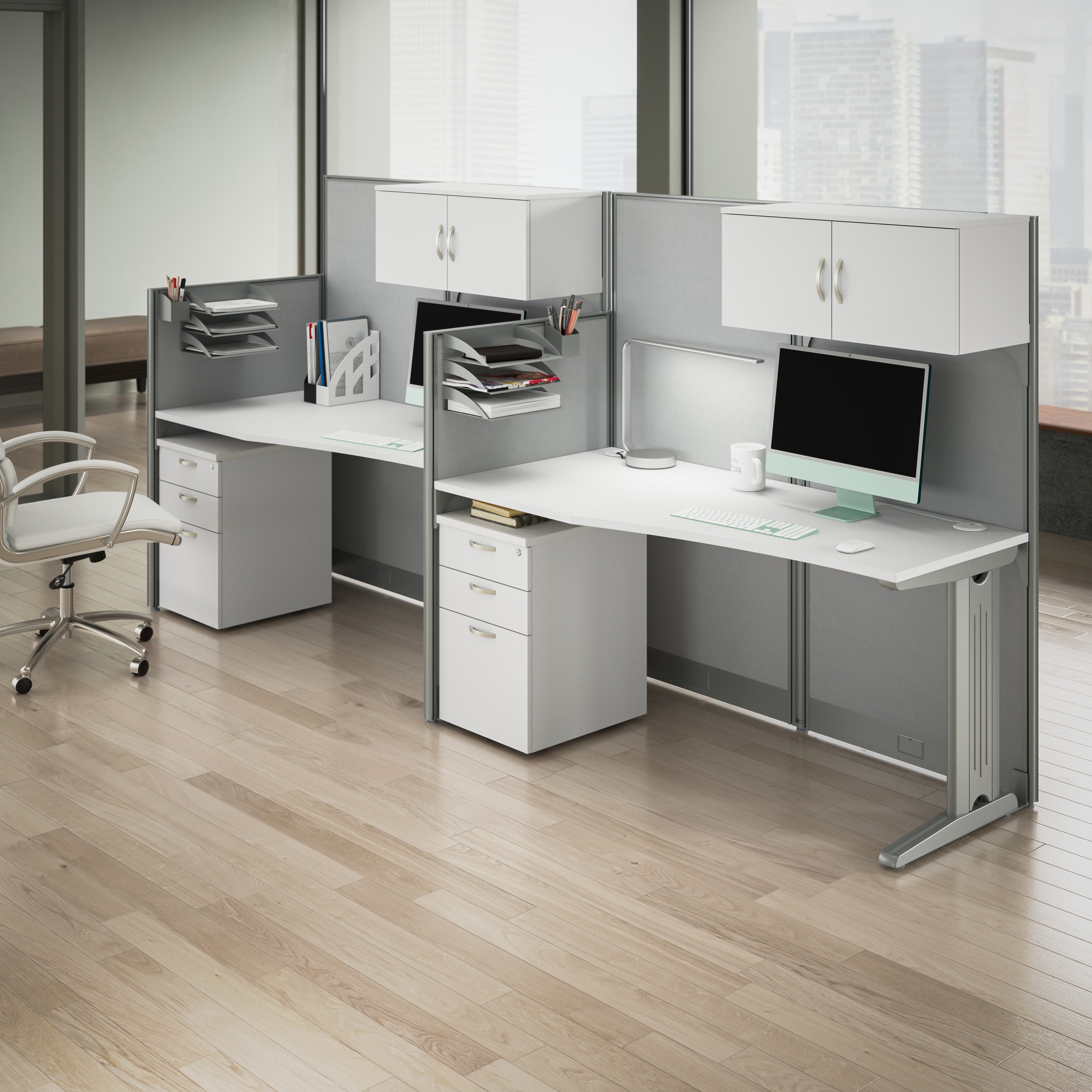 Bush Business Furniture Office in an Hour 2 Person Straight Cubicle Desks with Storage, Drawers, and Organizers in Pure White - 128.97" Width x 32.24" Depth x 62.86" Height