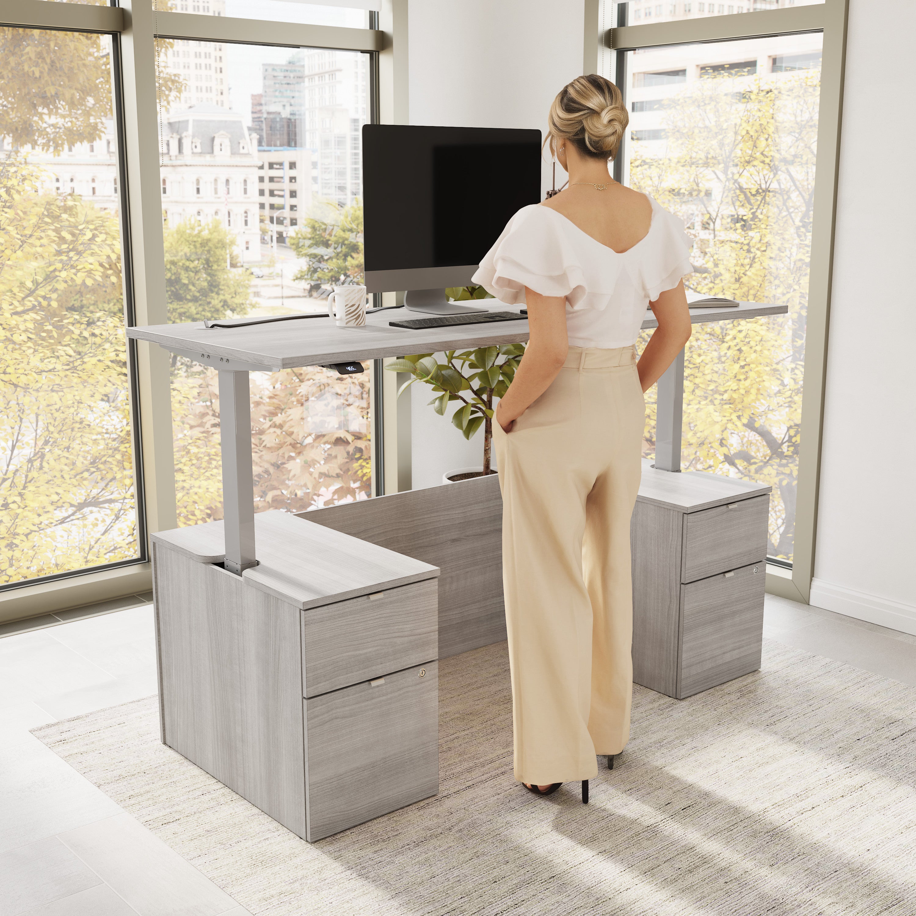 Bush Business Furniture Stratus&nbsp;72W x&nbsp;30D Electric Standing Desk with Drawers and Modesty Panel in Platinum Gray with Metallic Gray Base - 71.02" Width x 29.37" Depth x 27.44" Height