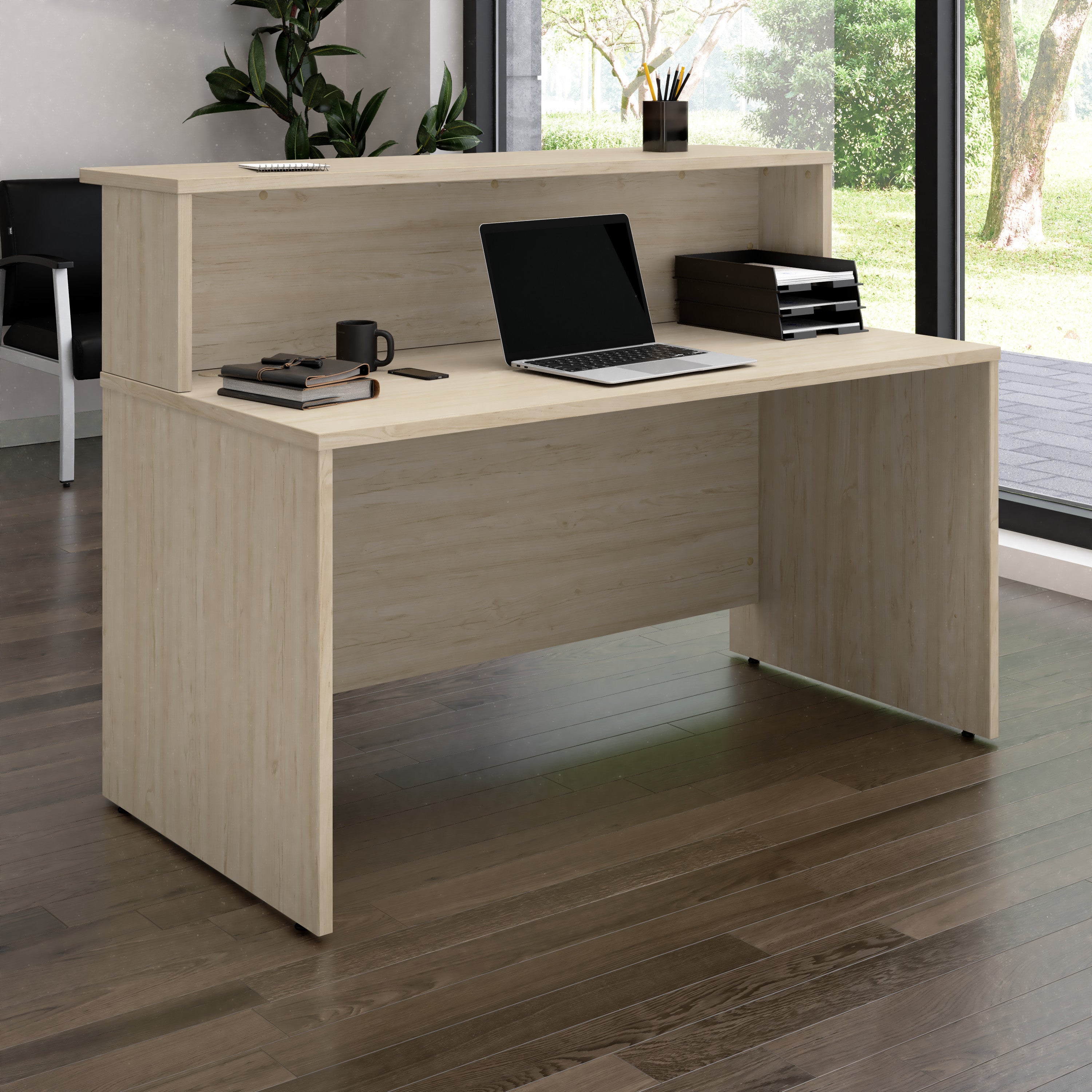 Bush Business Furniture Arrive 60W x 30D Reception Desk with Shelf in Natural Elm - 59.45" Width x 29.37" Depth x 43.71" Height