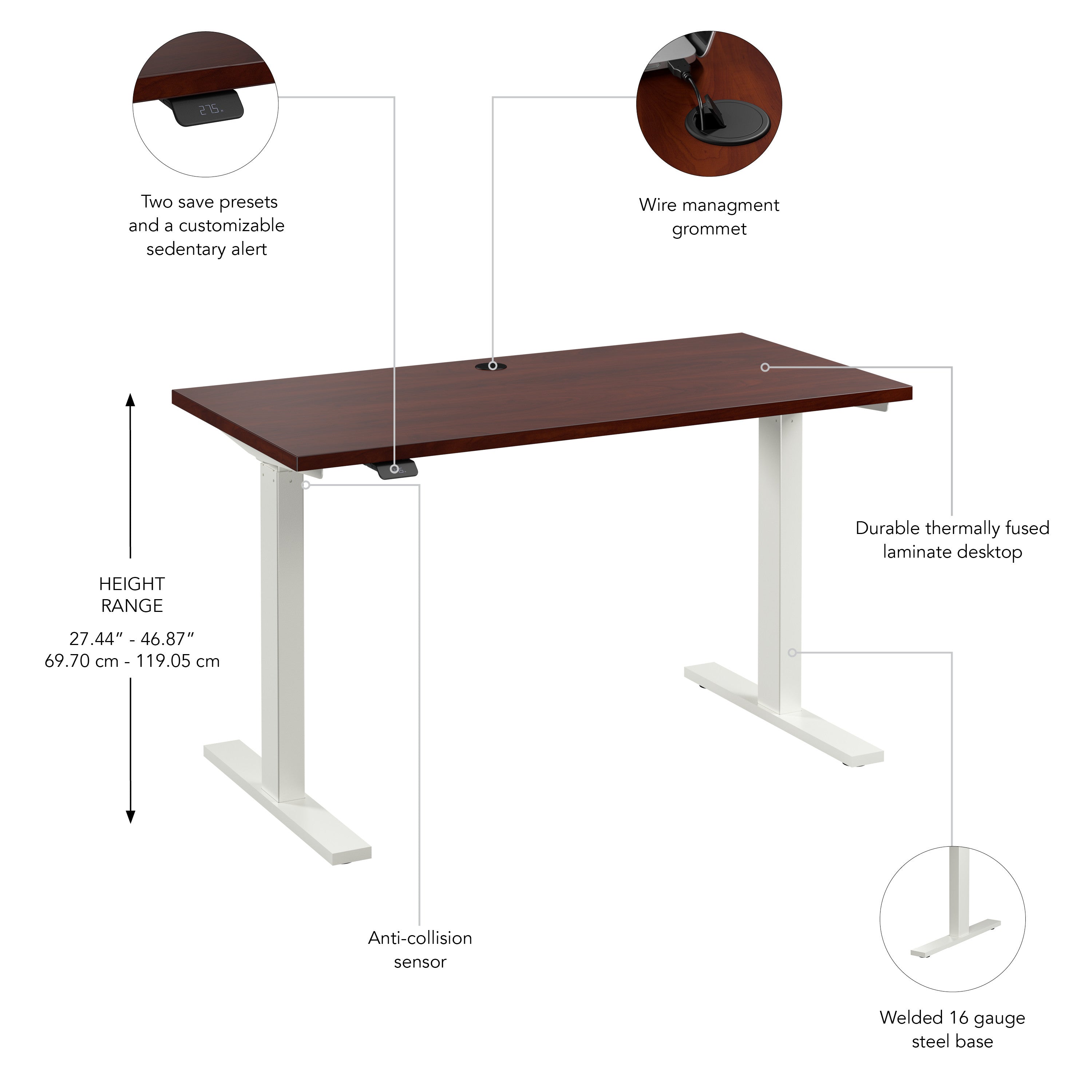 Bush Business Furniture Move 60 Series 48W x 24D Electric Height Adjustable Standing Desk in Hansen Cherry with White Base - 47.6" Width x 23.62" Depth x 27.44" Height