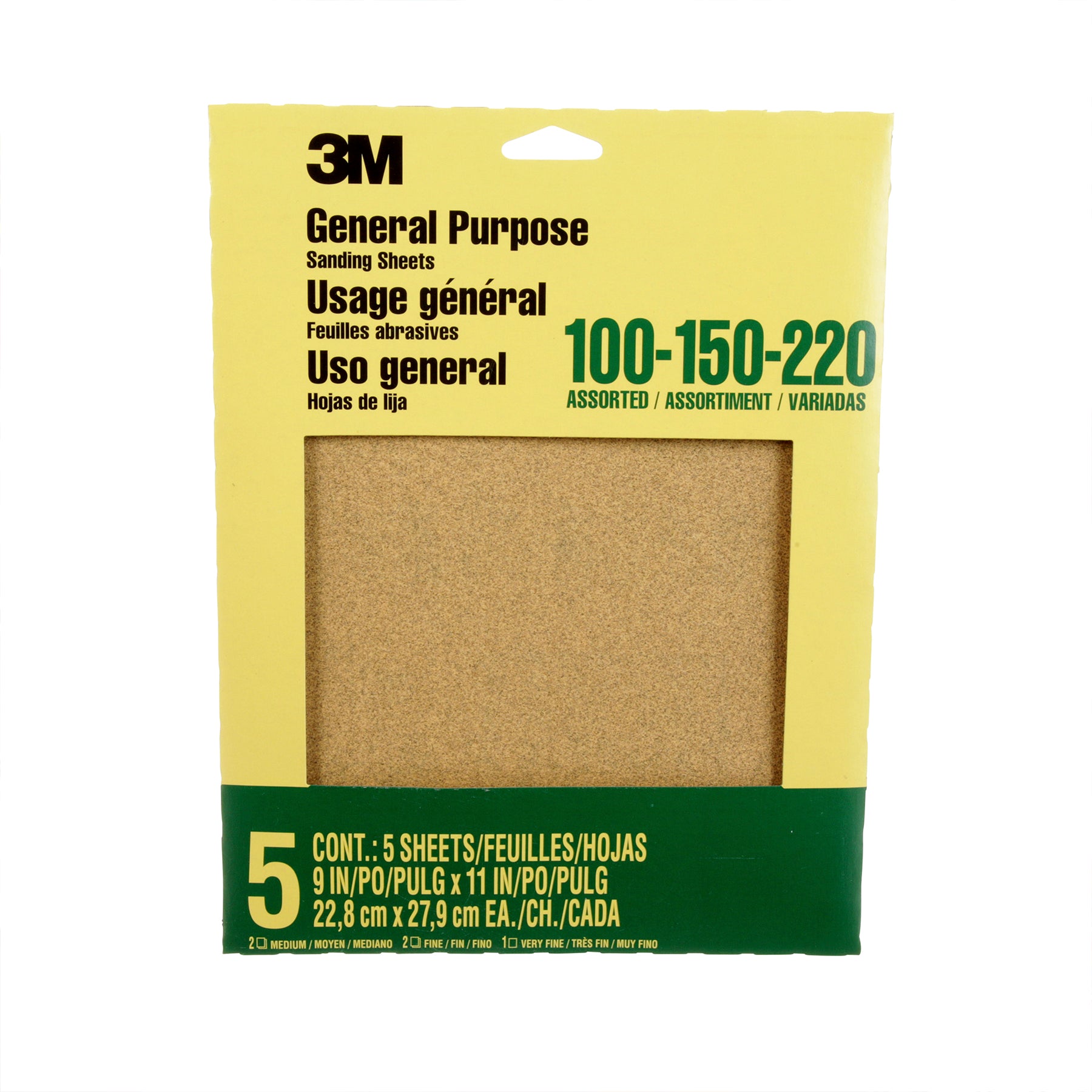 General Purpose Sanding Sheets, 100, 150, 200 Grit Assortment, 9" x 11", 5 Sheets