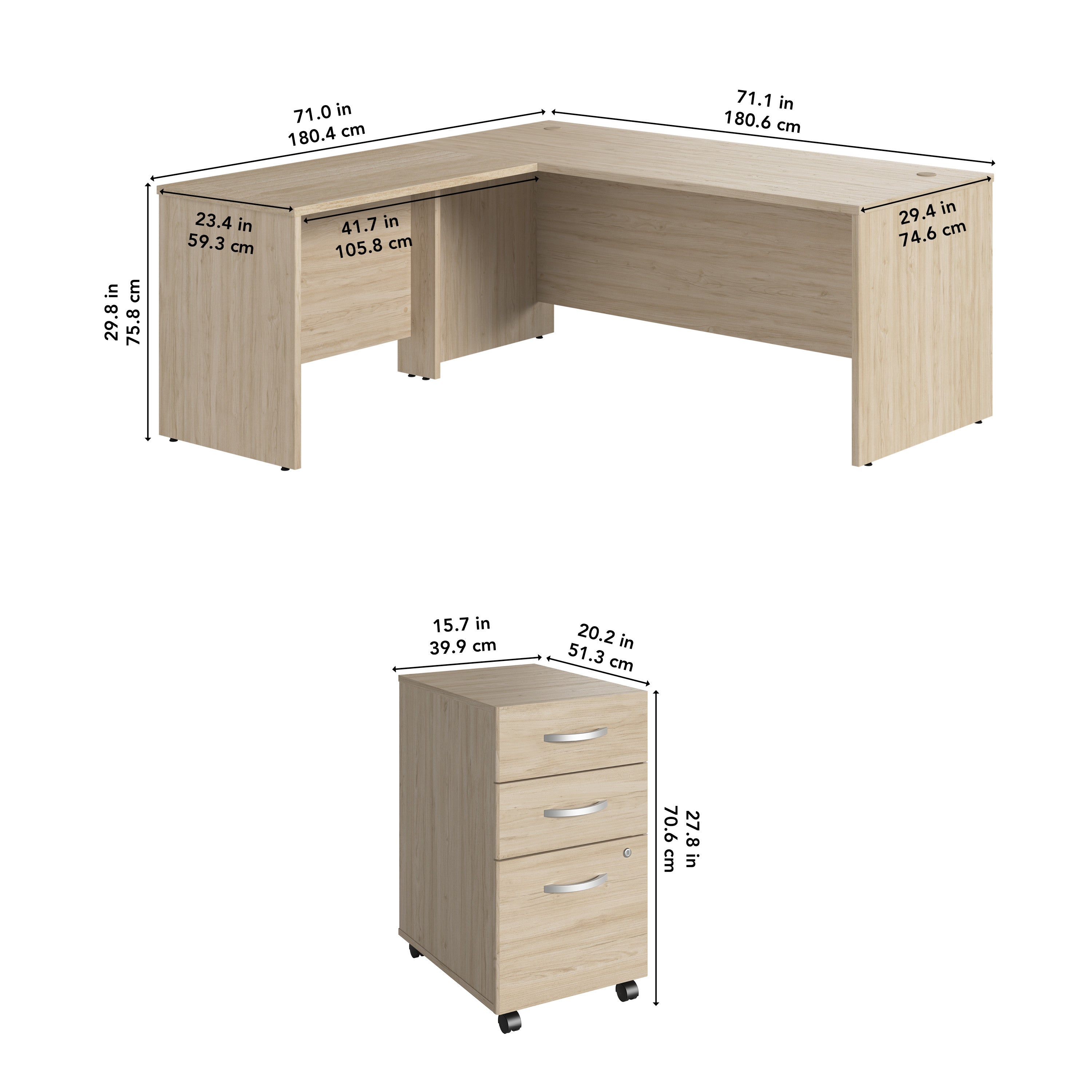 Bush Business Furniture Studio C 72W x 30D L Shaped Desk with Mobile File Cabinet in Natural Elm - 71.02" Width x 71.02" Depth x 29.84" Height