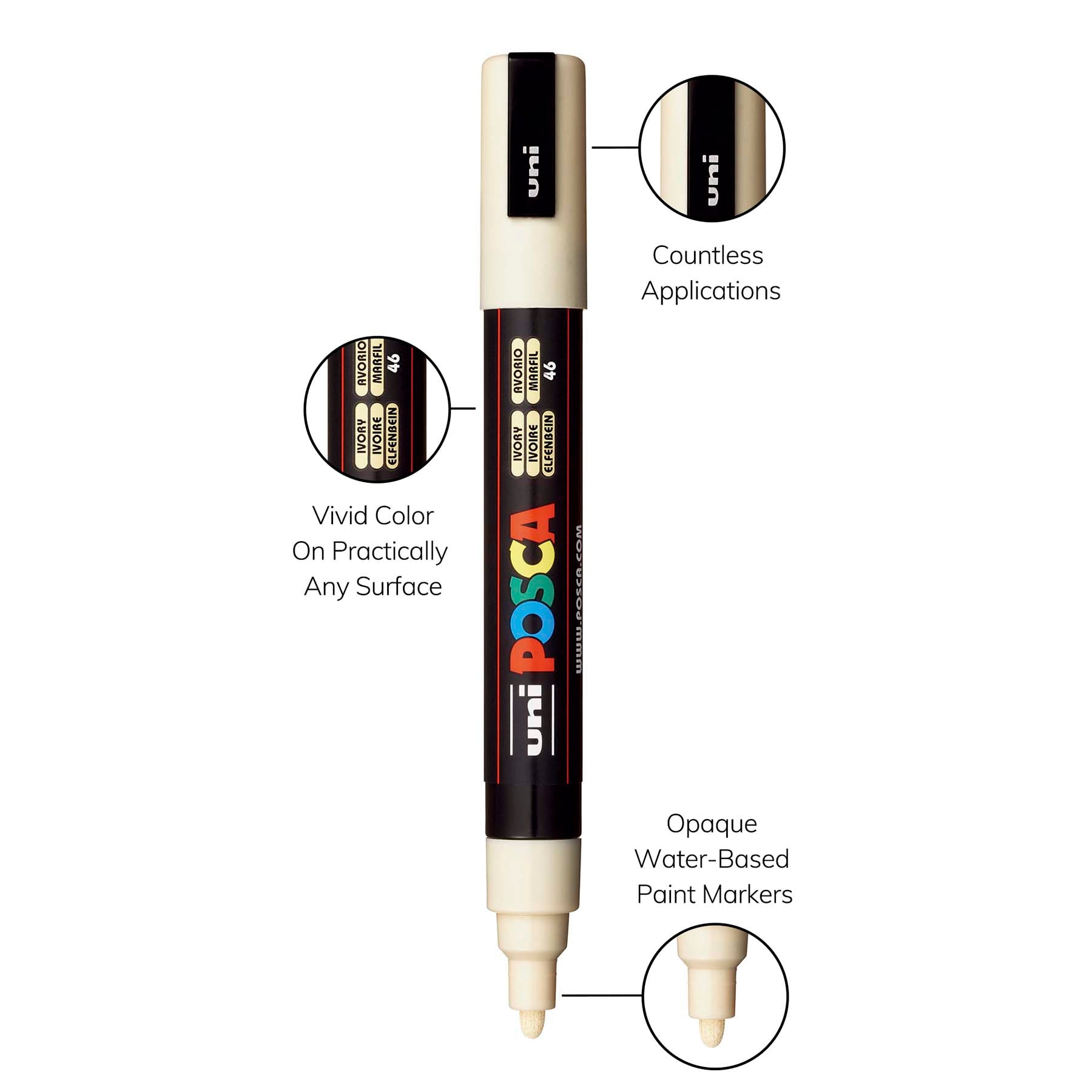 uni® POSCA PC-5M Water-Based Paint Markers, Reversible Medium Tip (1.8-2.5mm), Ivory