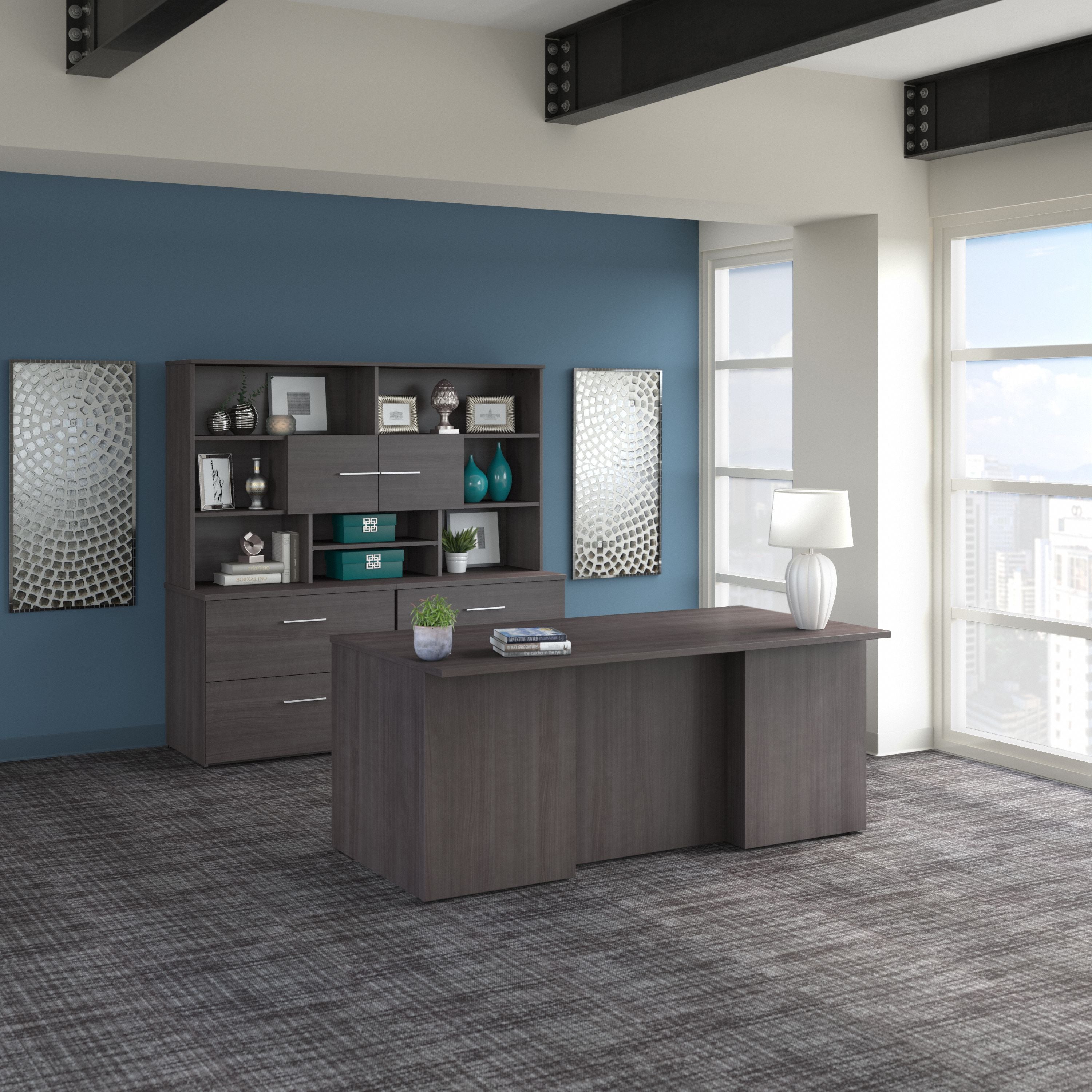 Bush Business Furniture Office 500 72W x 36D Executive Desk with Drawers, Lateral File Cabinets and Hutch in Storm Gray - 71.02" Width x 35.43" Depth x 70.09" Height