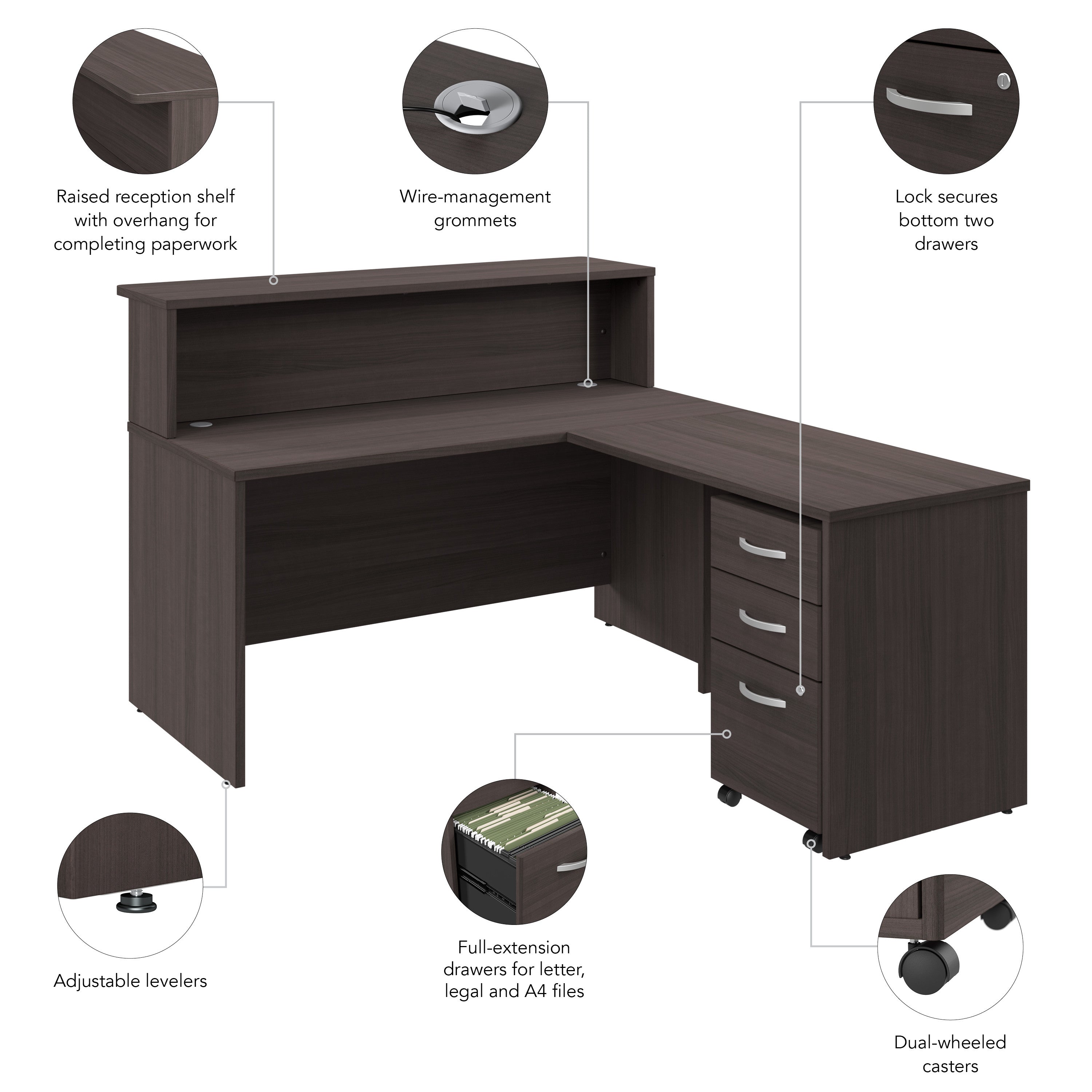 Bush Business Furniture Arrive 60W x 72D L Shaped Reception Desk with Shelf and Mobile File Cabinet in Storm Gray - 59.45" Width x 71.02" Depth x 43.71" Height