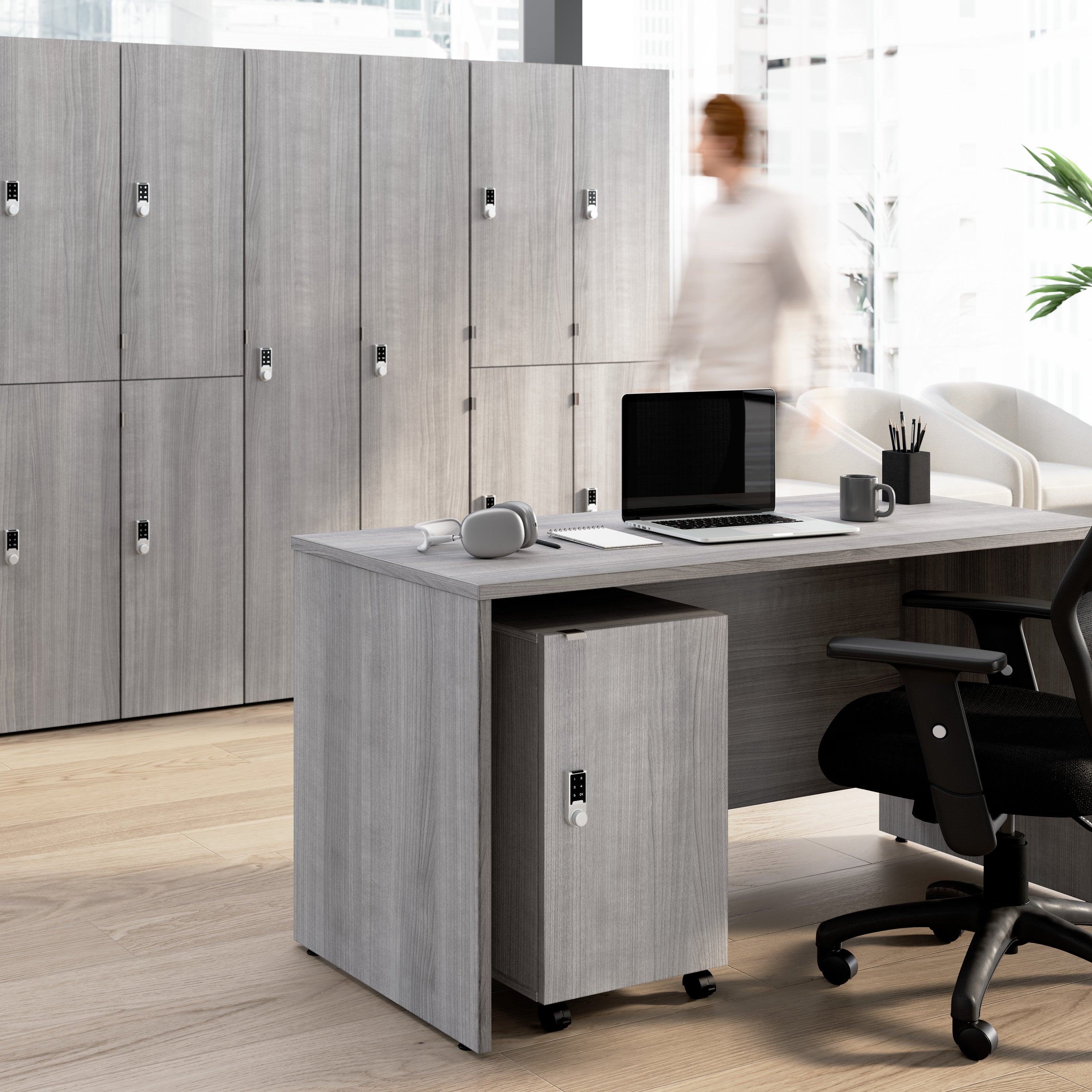 Bush Business Furniture Assure Mobile File Cabinet with Drawer, Door, and Keypad Lock in Platinum Gray - 15.65" Width x 20.24" Depth x 25.91" Height