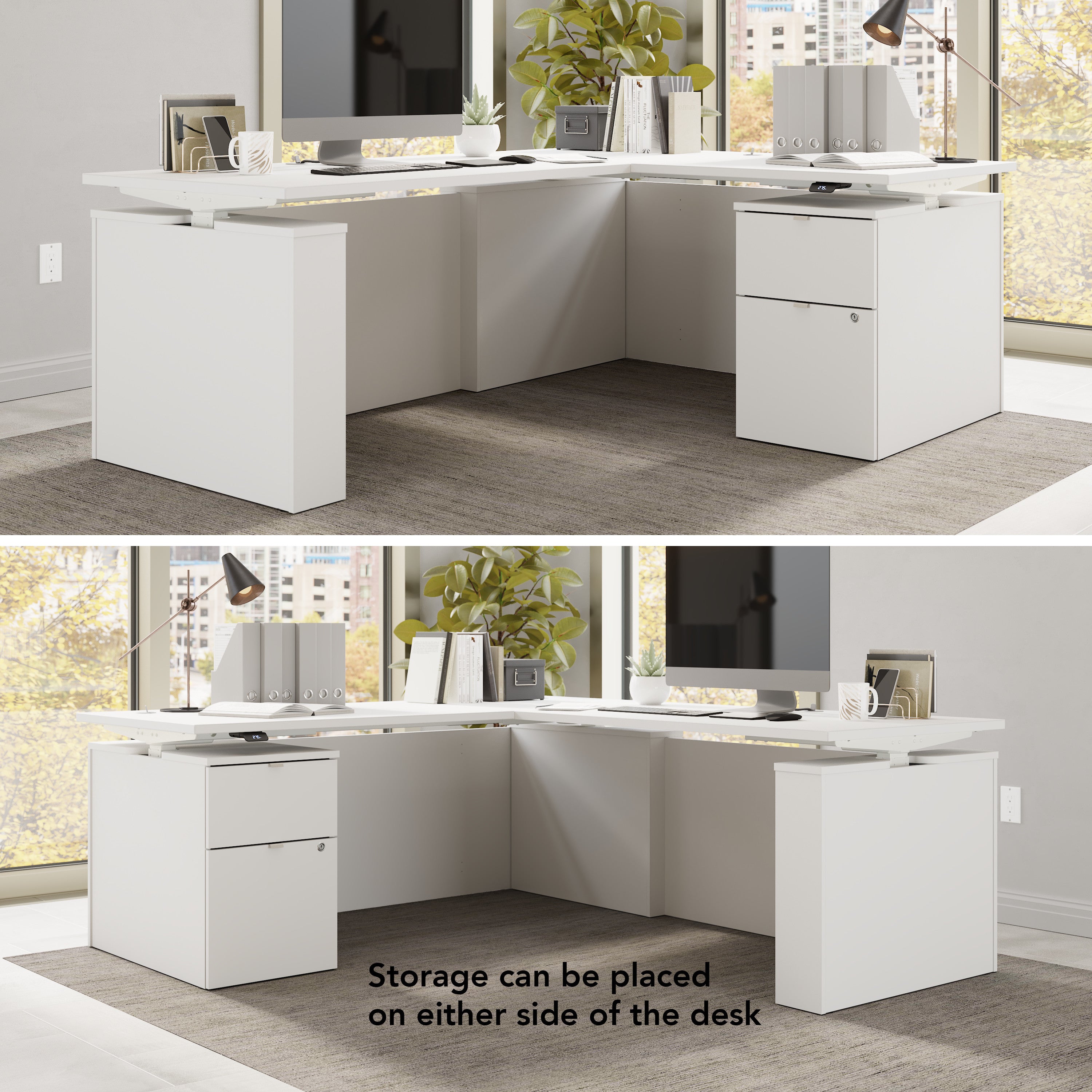 Bush Business Furniture Stratus&nbsp;72W x&nbsp;78D Height Adjustable L Shaped Standing Desk with File Cabinet in White with White Base - 71.02" Width x 76.97" Depth x 27.44" Height