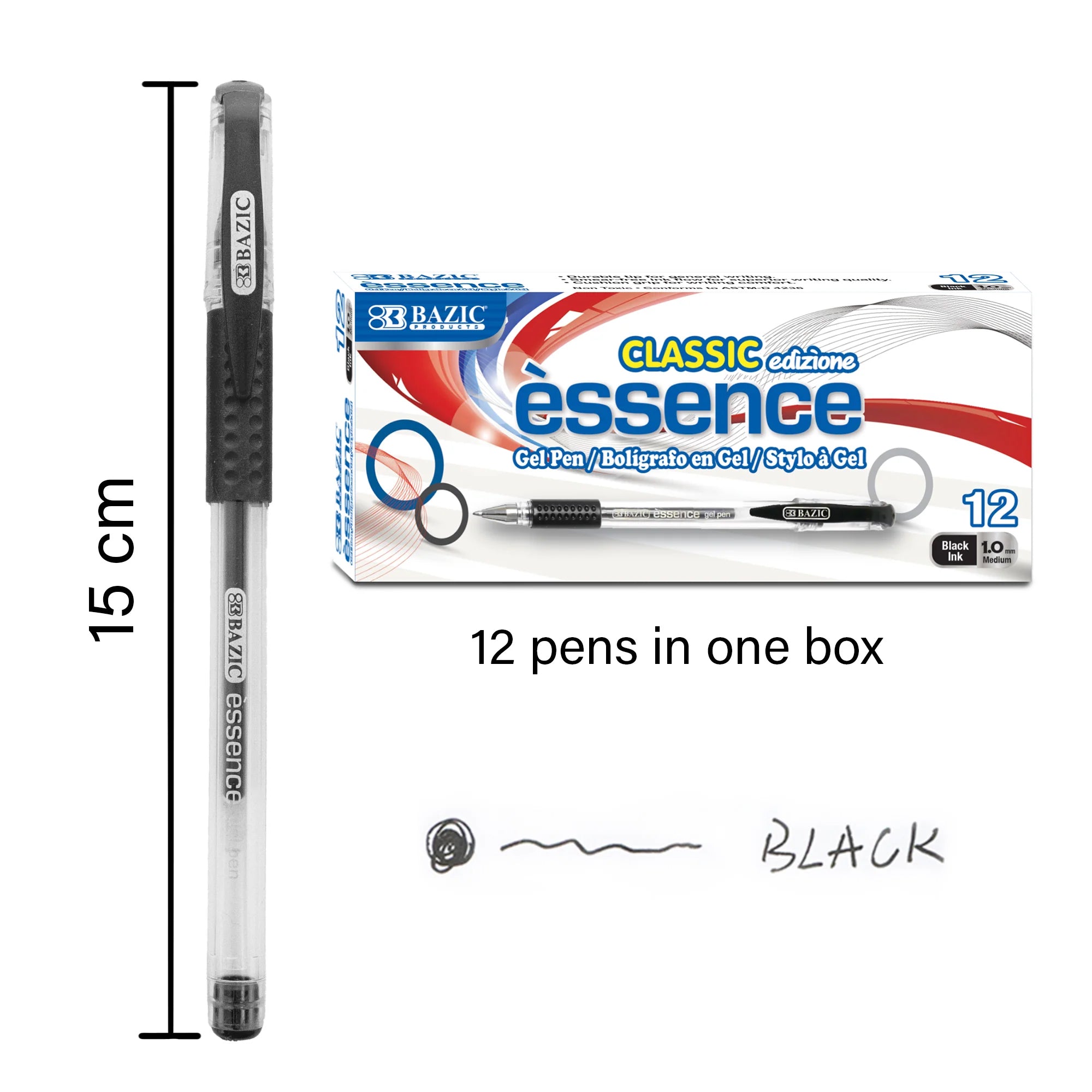 Essence Gel Pen with Cushion Grip, Black, Box of 12