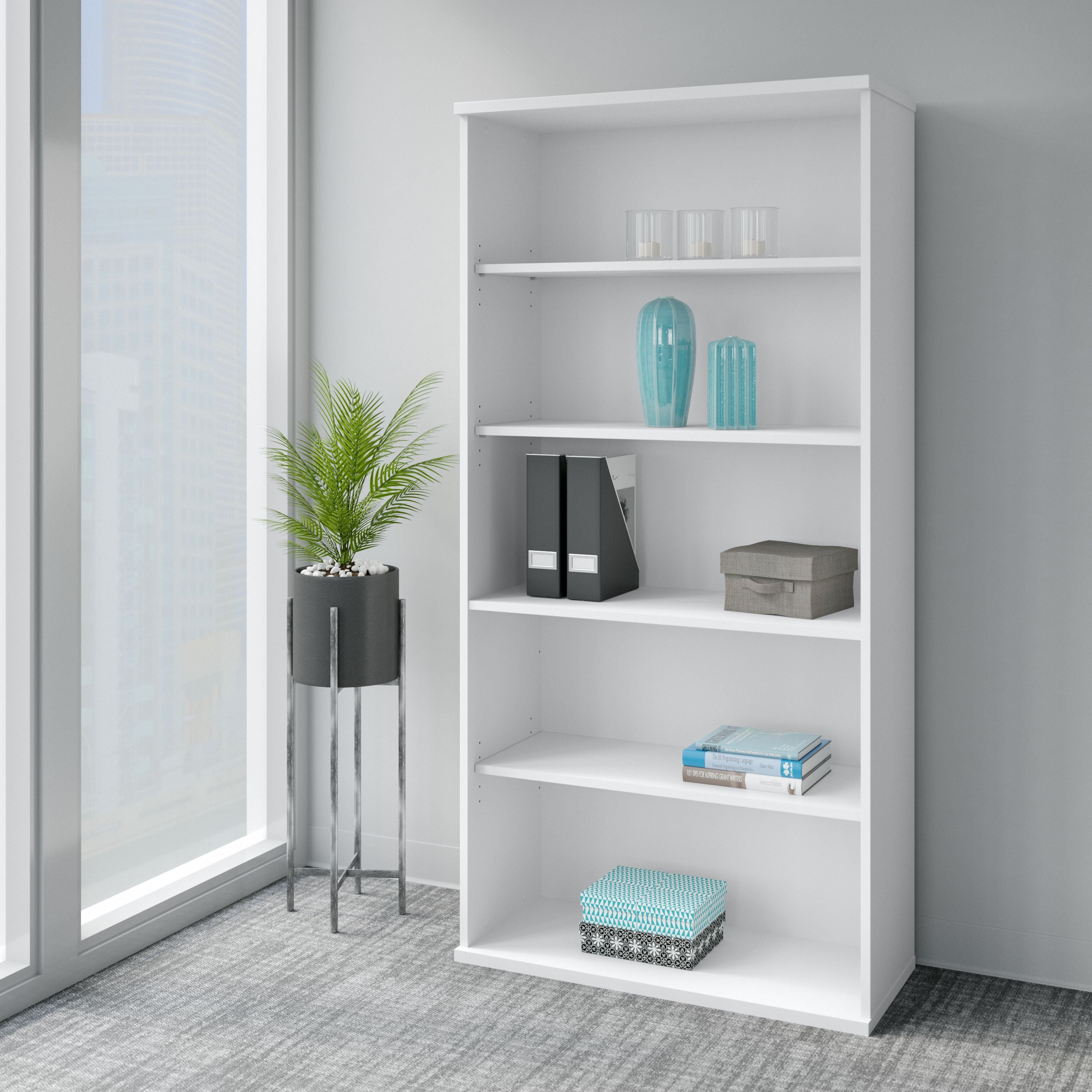 Bush Business Furniture Easy Office 5 Shelf Bookcase in Pure White - 35.71" Width x 15.35" Depth x 72.8" Height