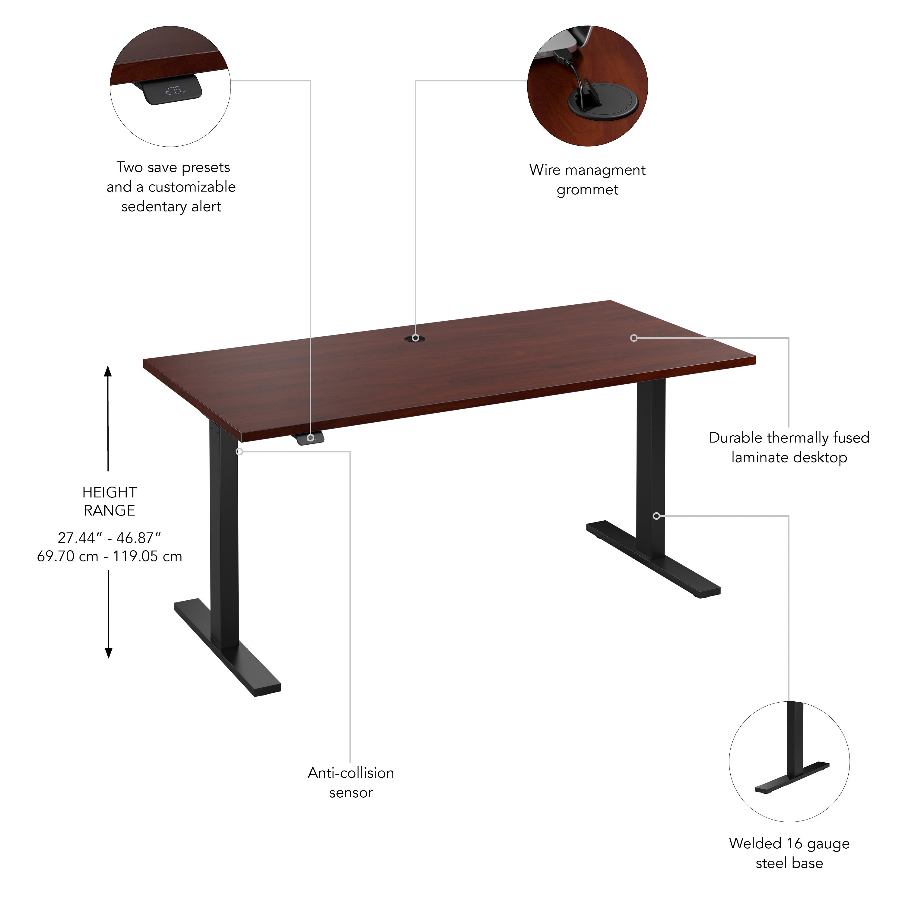 Bush Business Furniture Move 60 Series 60W x 30D Electric Height Adjustable Standing Desk in Hansen Cherry with Black Base - 59.45" Width x 29.37" Depth x 47.69" Height