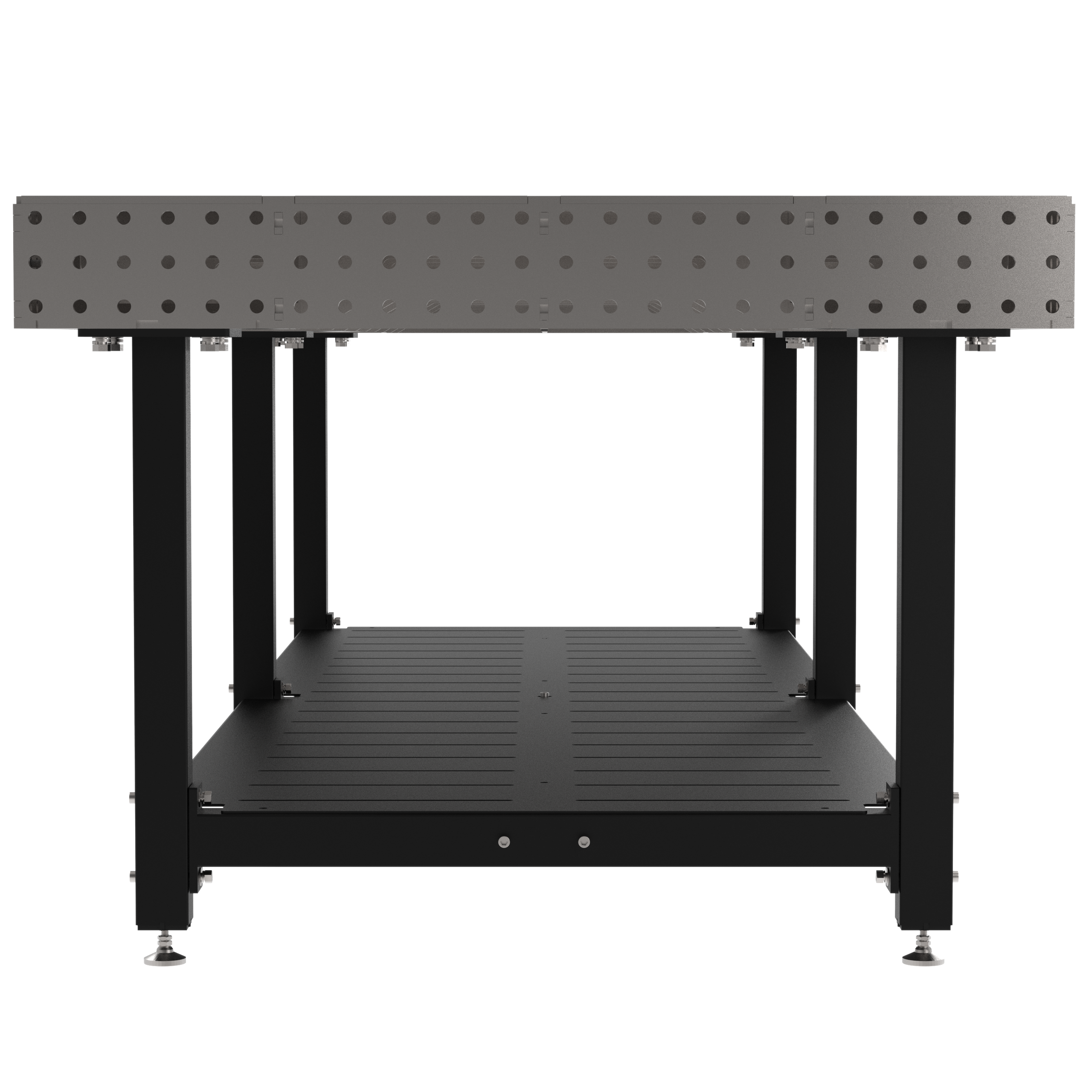 Welding Fixture Table, Fixed Height, 36"H x 120"L x 48"D, 1/4" Carbon Steel Top, Six Black Powdercoat Legs, Shelf, Self-Leveling Feet