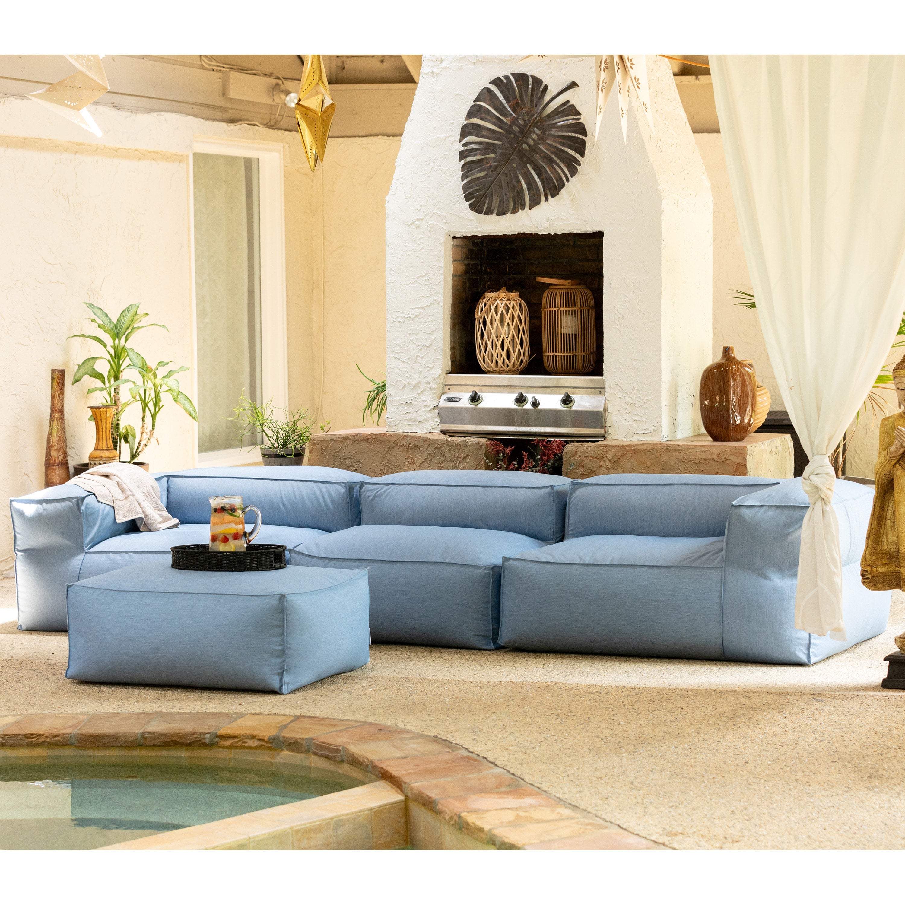 Baya 4 Piece Outdoor Sofa with Ottoman - Luxurious European Style Soft Seating, Ocean Blue