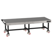 Welding Fixture Table, Fixed Height, 36"H x 120"L x 48"D, 1/4" Carbon Steel Top, Six Black Powdercoat Legs, Handle, 6 Heavy Duty Suspension Casters (4 Locking/Swiveling Casters and 2 Non-Locking/Non-SwivelingCasters)