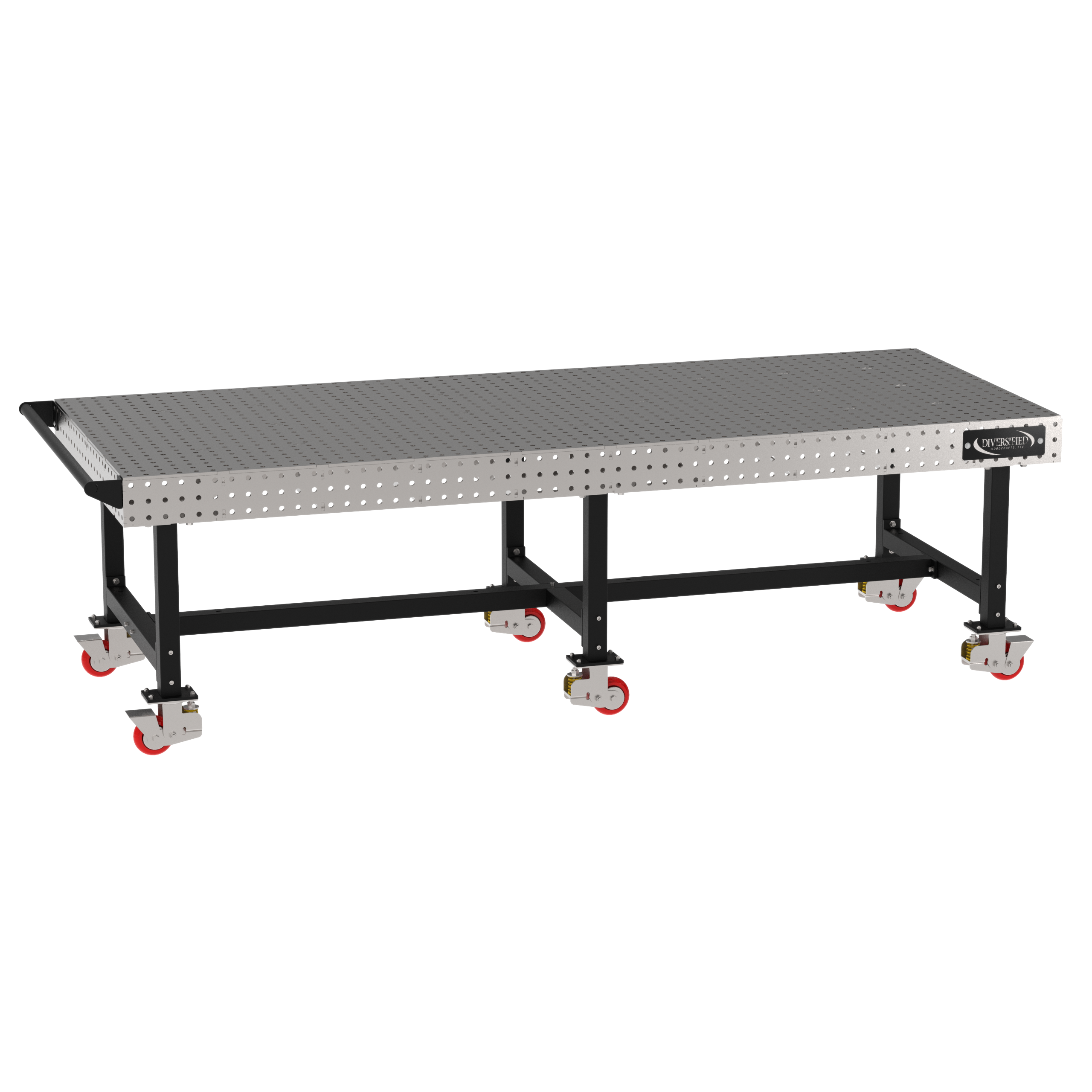 Welding Fixture Table, Fixed Height, 36"H x 120"L x 48"D, 1/4" Carbon Steel Top, Six Black Powdercoat Legs, Handle, 6 Heavy Duty Suspension Casters (4 Locking/Swiveling Casters and 2 Non-Locking/Non-SwivelingCasters)