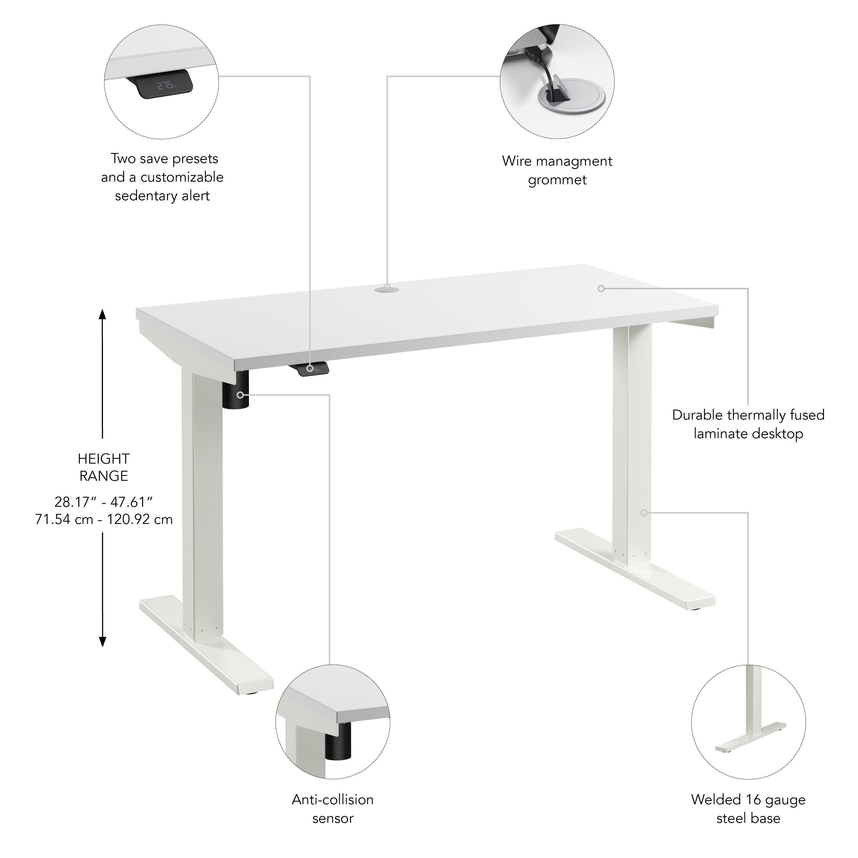 Bush Business Furniture Move 40 Series 48W x 24D Electric Height Adjustable Standing Desk in White with White Base - 47.6" Width x 23.35" Depth x 28.17" Height