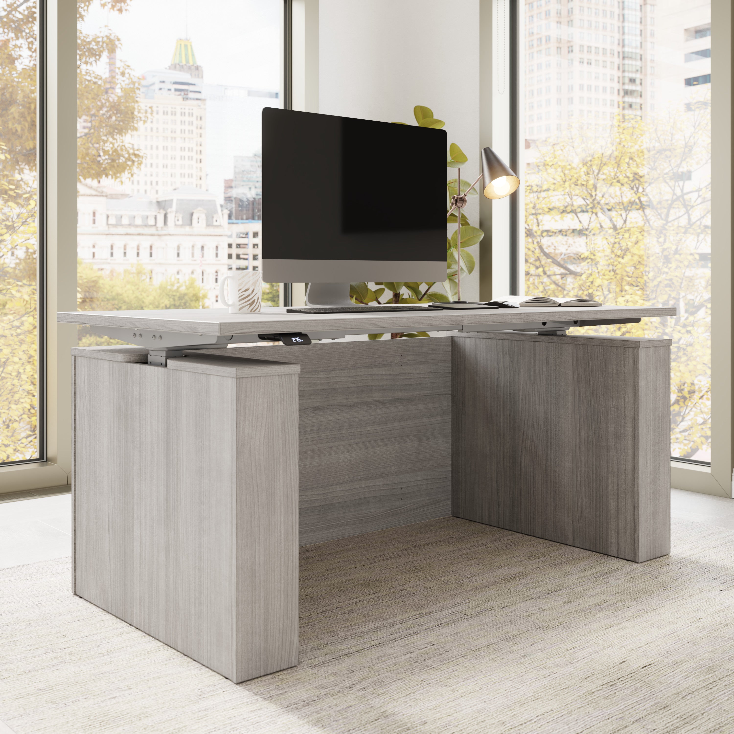 Bush Business Furniture Stratus&nbsp;60W x&nbsp;30D Electric Height Adjustable Standing Desk with Modesty Panel in Platinum Gray with Metallic Gray Base - 59.45" Width x 29.37" Depth x 27.44" Height
