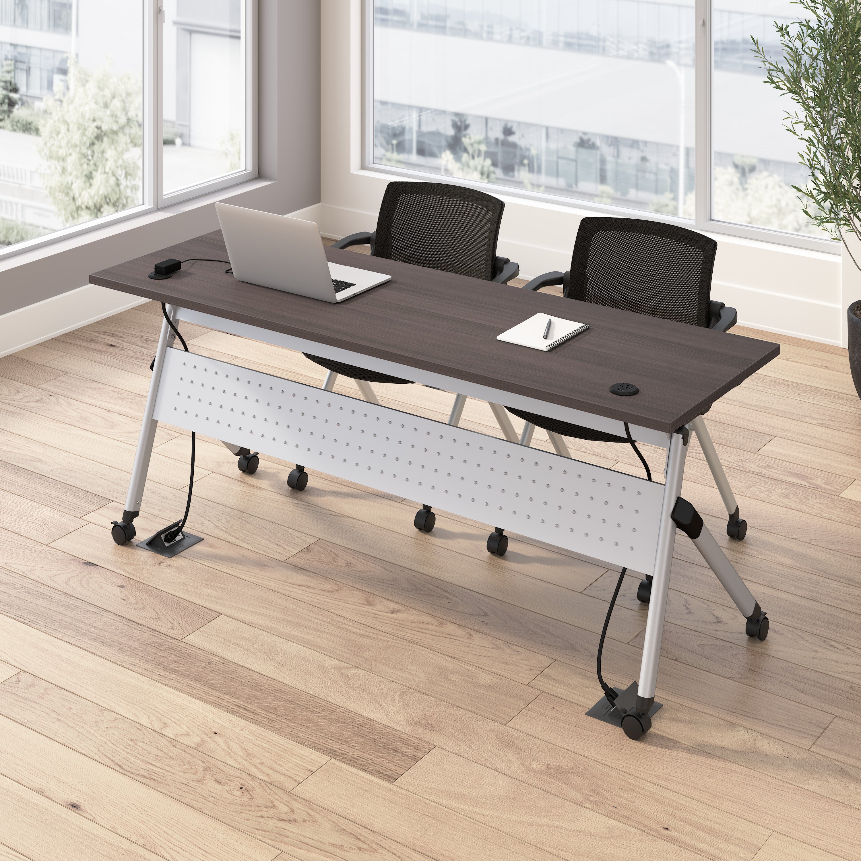 Bush Business Furniture Envision 72W Training Table with Powered Grommets and 2 Chairs with Arms in Storm Gray - 71.02" Width x 23.54" Depth x 32.87" Height