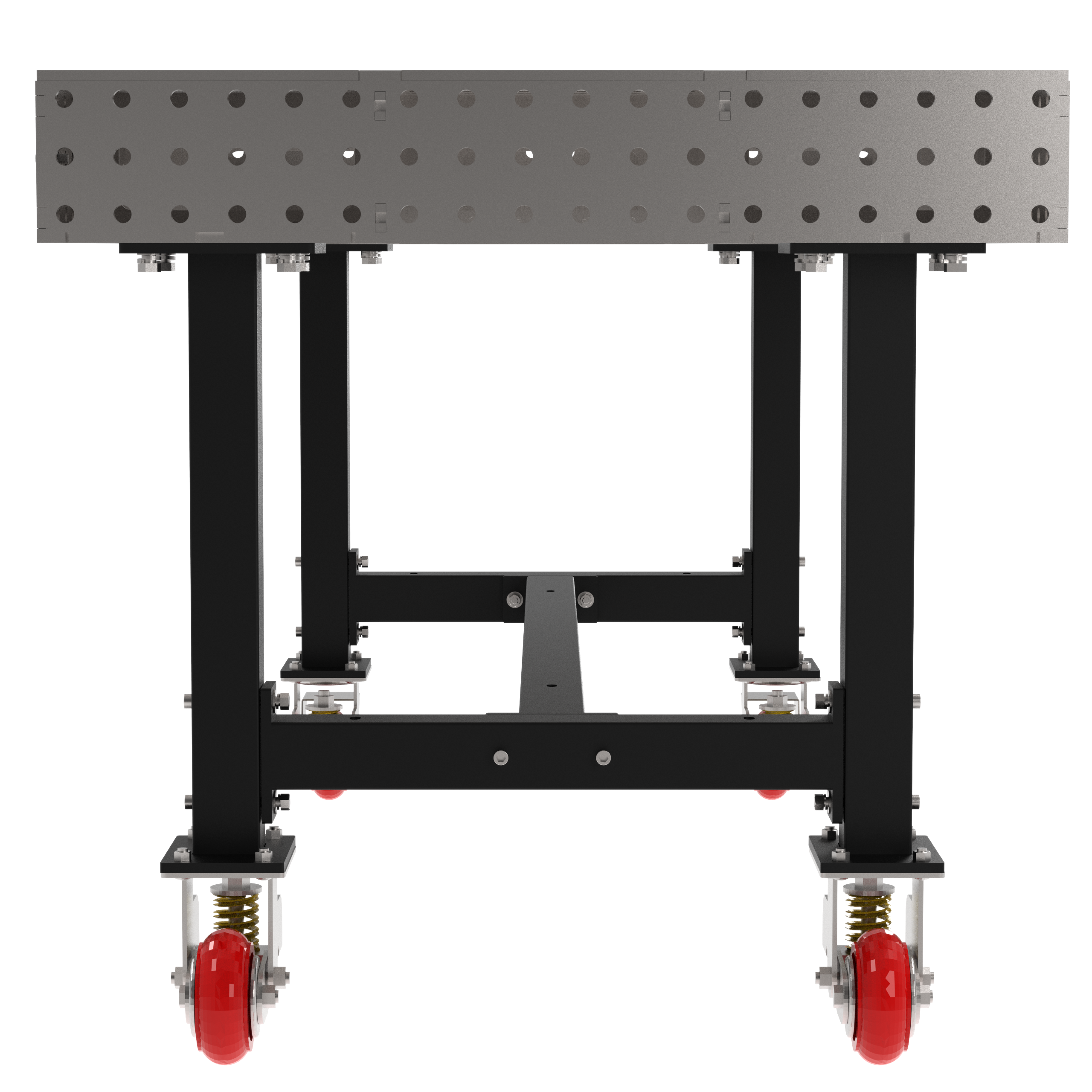 Welding Fixture Table, Fixed Height, 36"H x 72"L x 36"D, 1/4" Carbon Steel Top, Four Black Powdercoat Legs, 4 Heavy Duty Suspension Casters (2 Locking/Swiveling Casters and 2 Non-Locking/Non-SwivelingCasters)