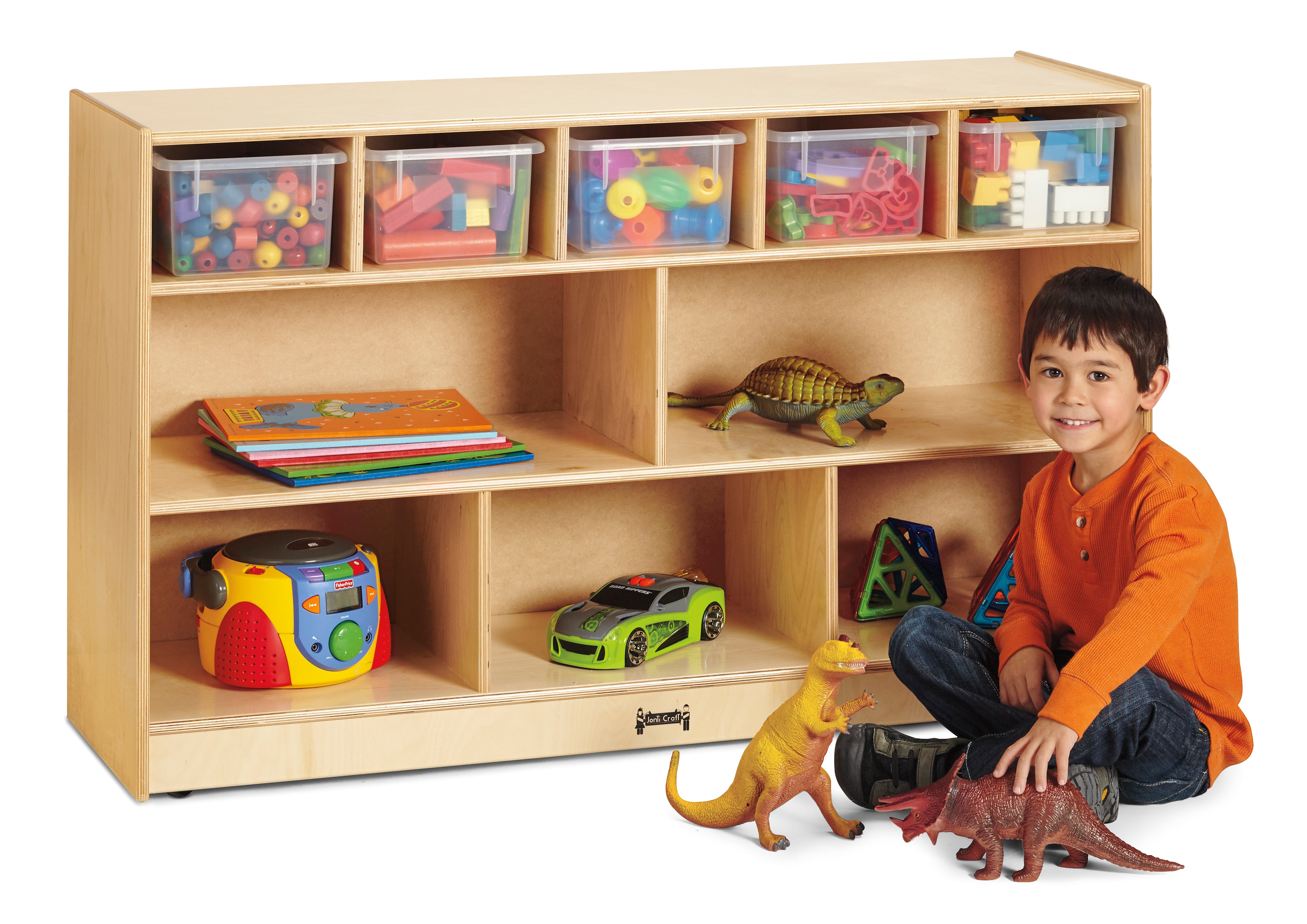 Jonti-Craft® Low Combo Mobile Storage Unit - with Clear Bins - Plywood Back