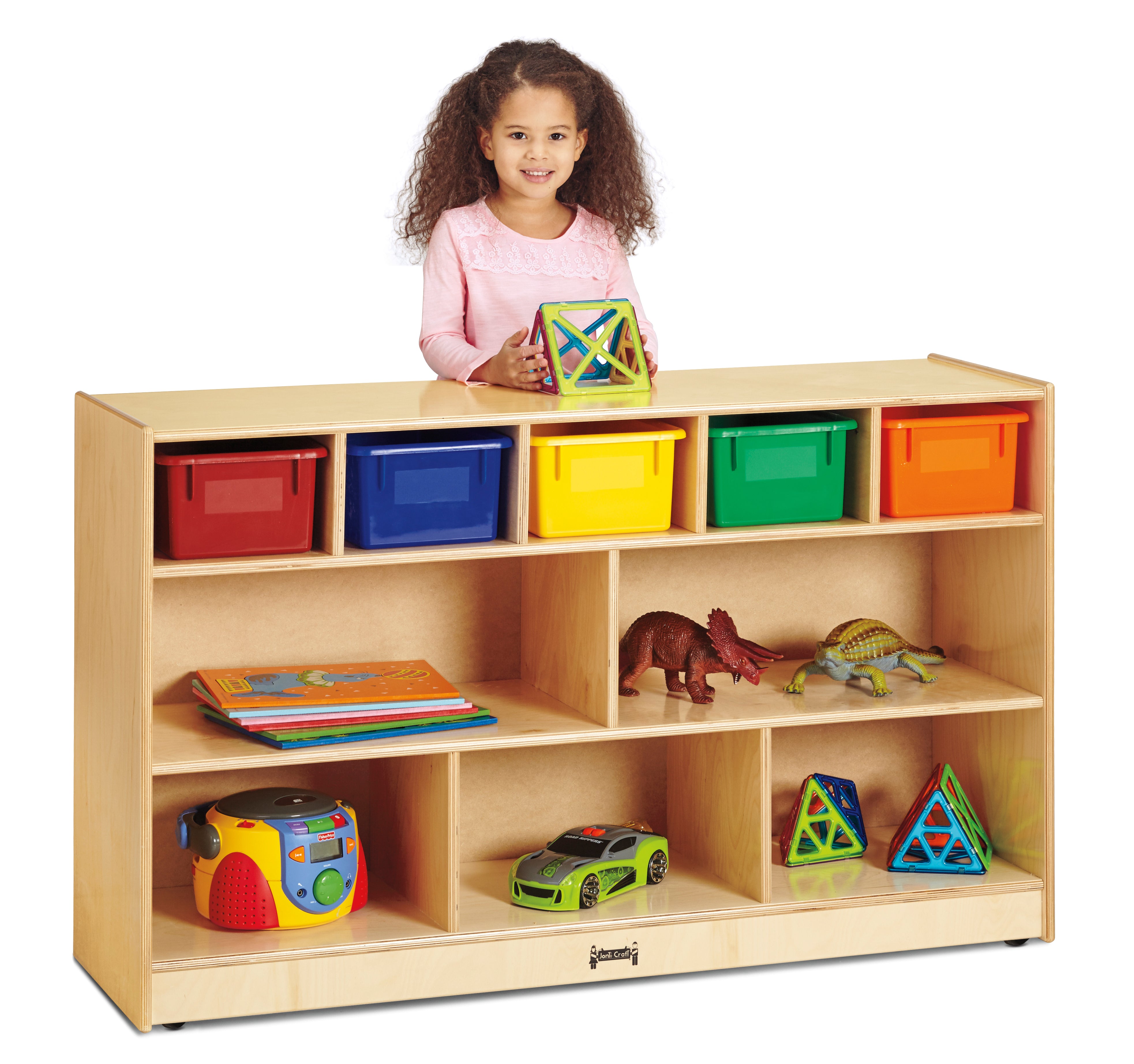 Jonti-Craft® Low Combo Mobile Storage Unit - with Colored Bins - Plywood Back
