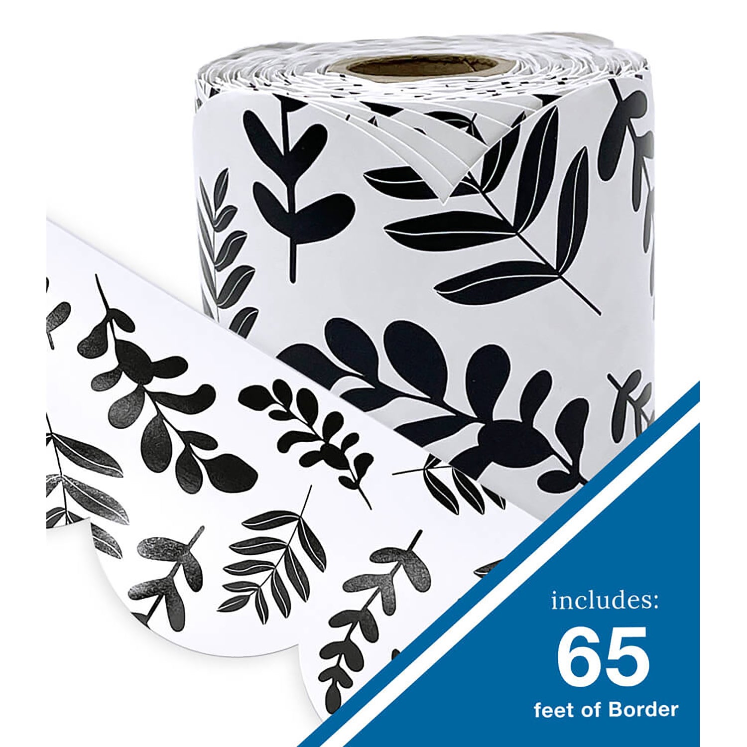 White with Black Leaves Rolled Scalloped Borders, 65 Feet