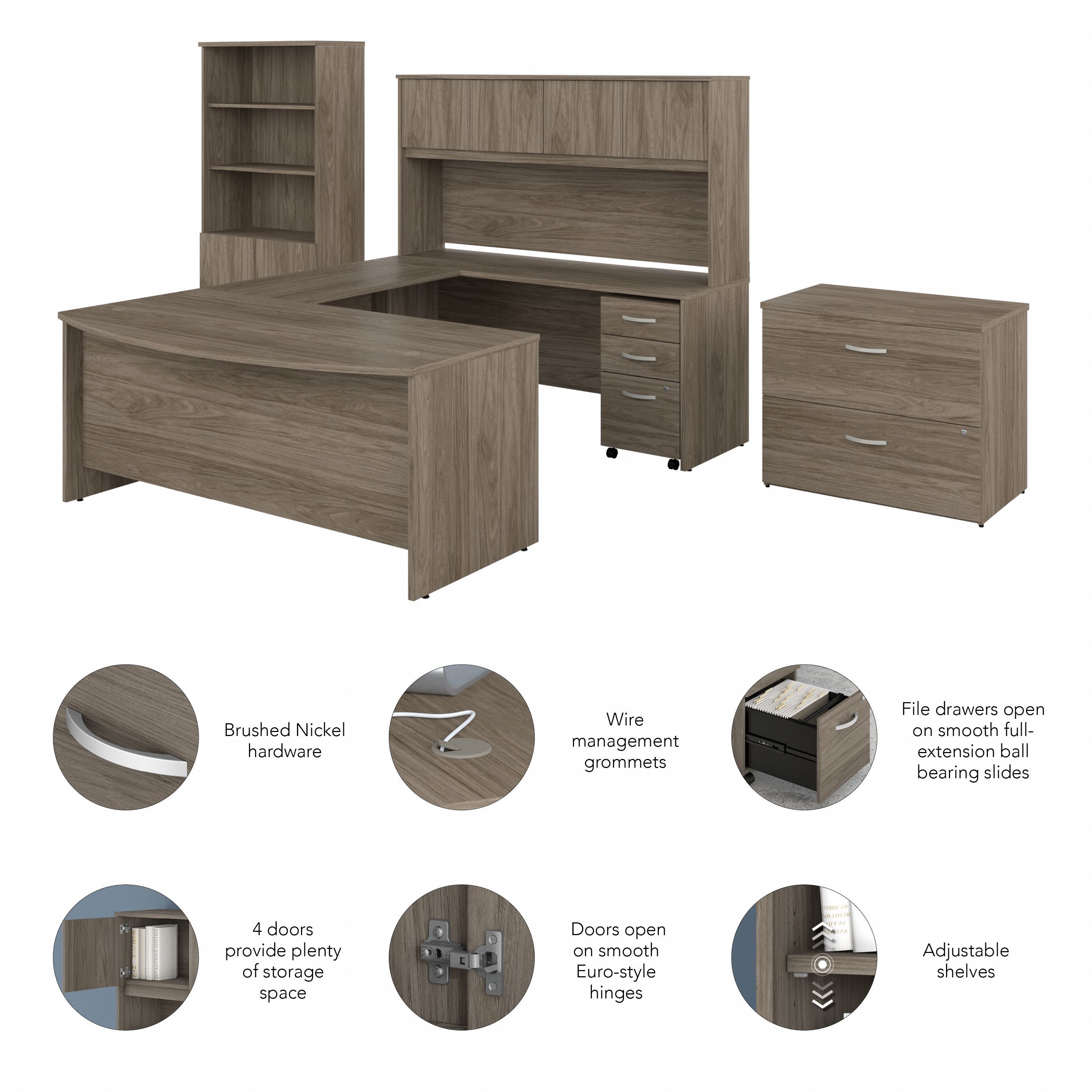Bush Business Furniture Studio C 72W x 36D U Shaped Desk with Hutch, Bookcase and File Cabinets in Modern Hickory - 71.02" Width x 100.43" Depth x 72.8" Height