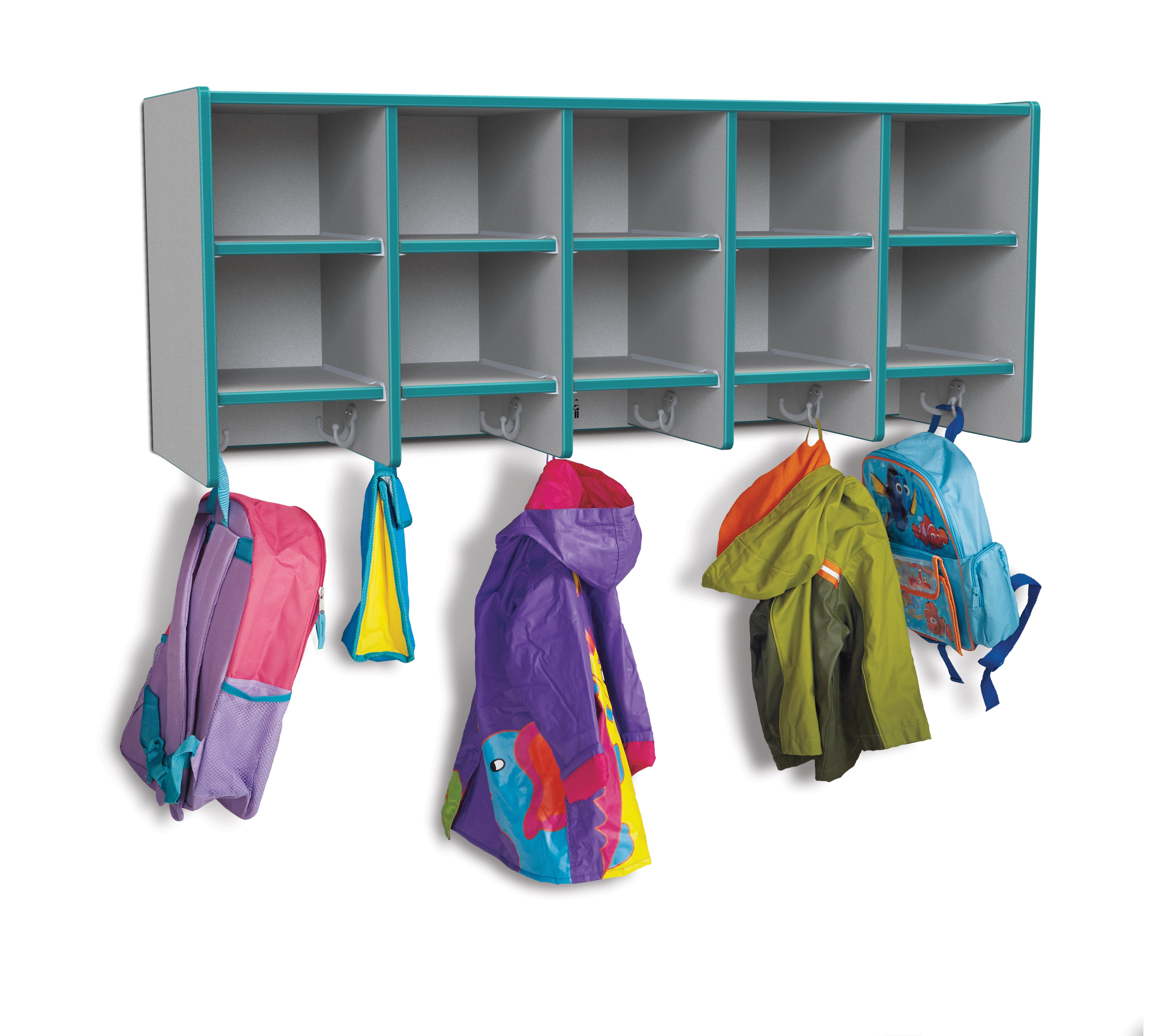 Rainbow Accents® 10 Section Wall Mount Coat Locker - without Trays - Teal