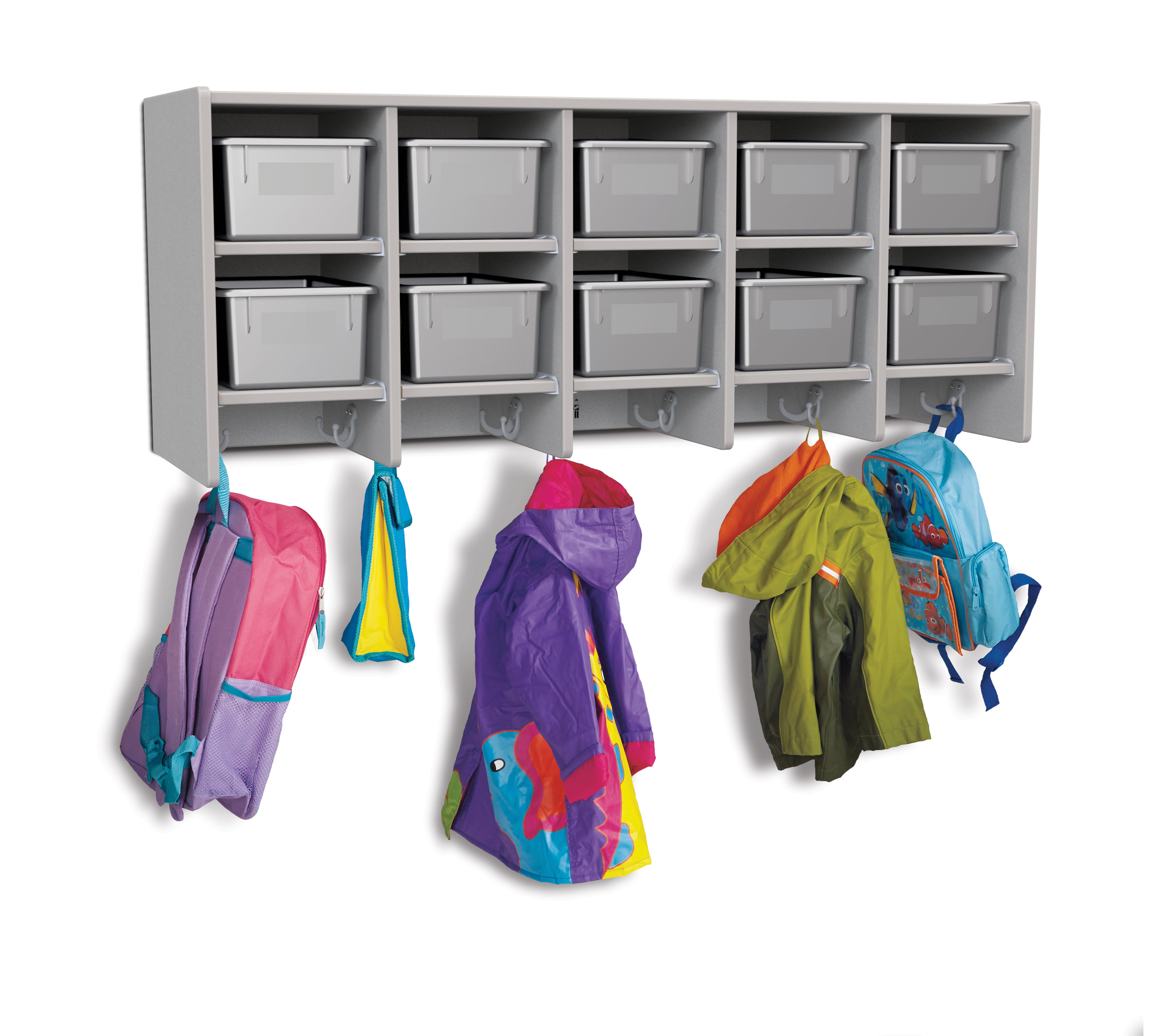 Rainbow Accents® 10 Section Wall Mount Coat Locker - with Trays  - Gray