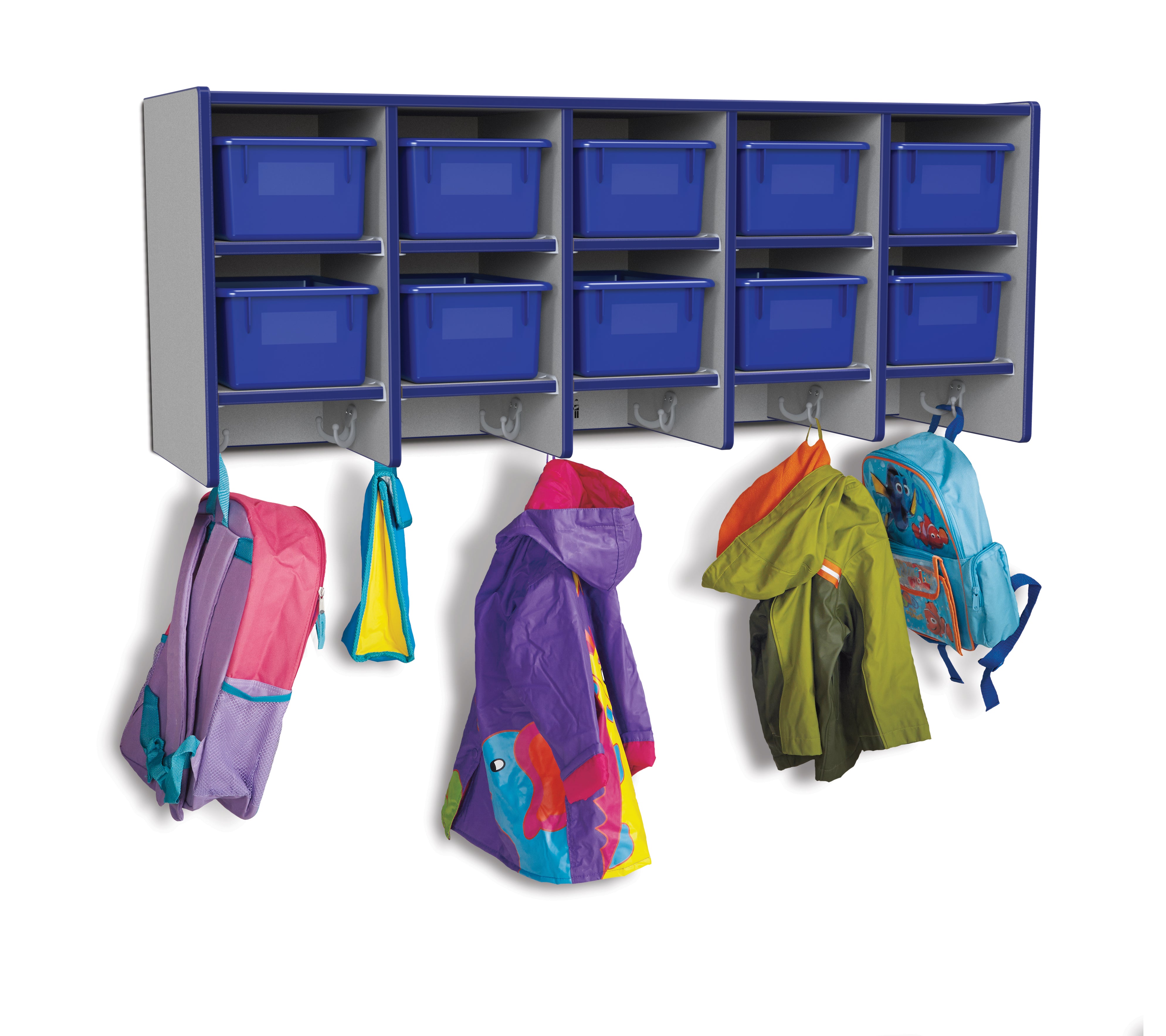 Rainbow Accents® 10 Section Wall Mount Coat Locker - with Trays - Blue