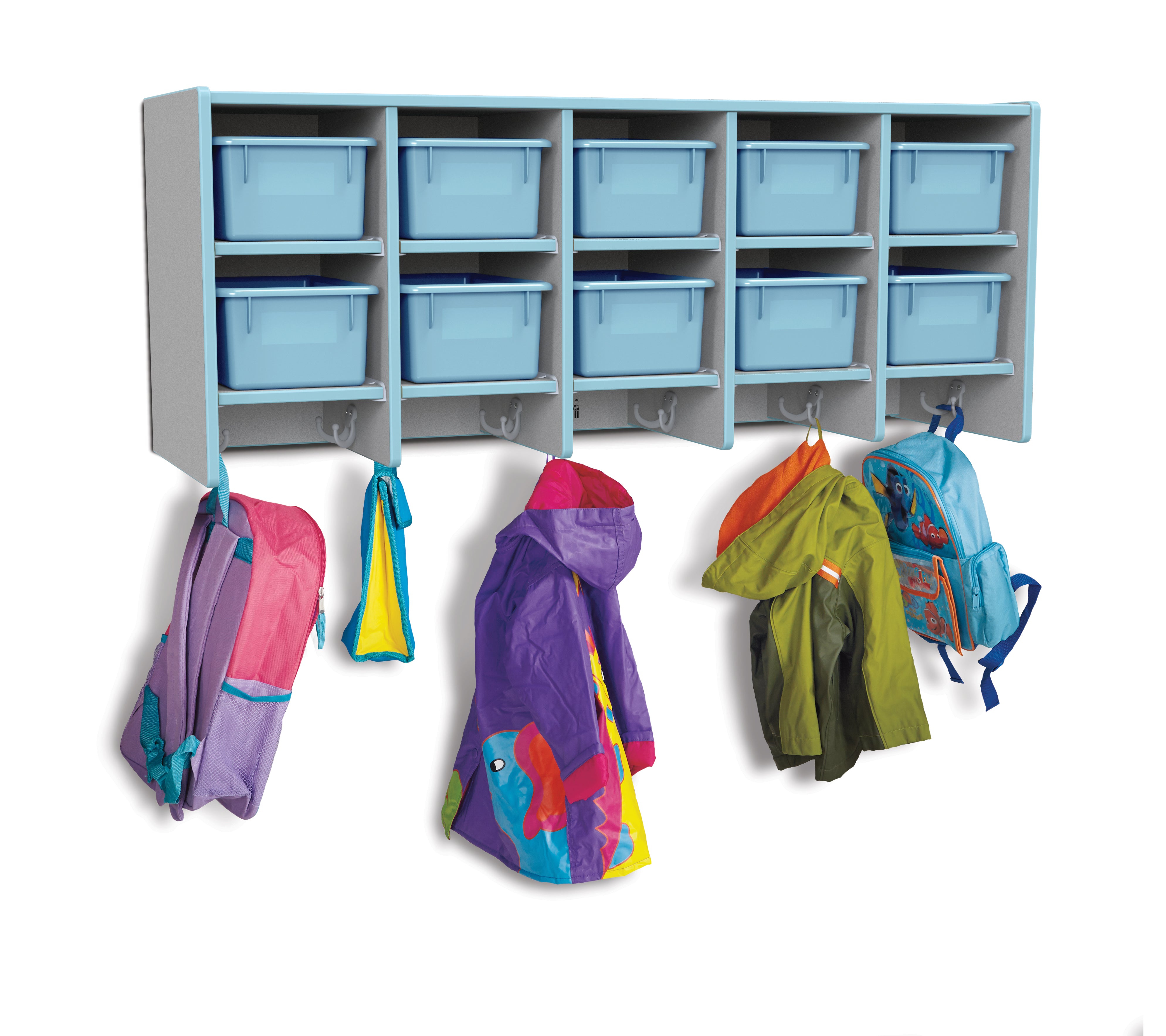Rainbow Accents® 10 Section Wall Mount Coat Locker - with Trays - Coastal Blue