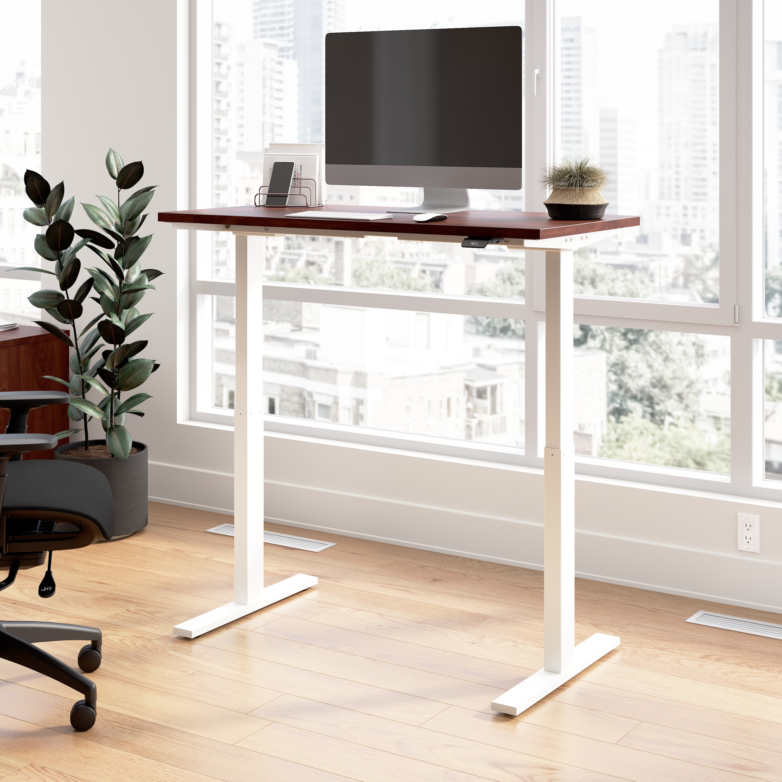 Bush Business Furniture Move 60 Series 48W x 24D Electric Height Adjustable Standing Desk in Hansen Cherry with White Base - 47.6" Width x 23.62" Depth x 27.44" Height