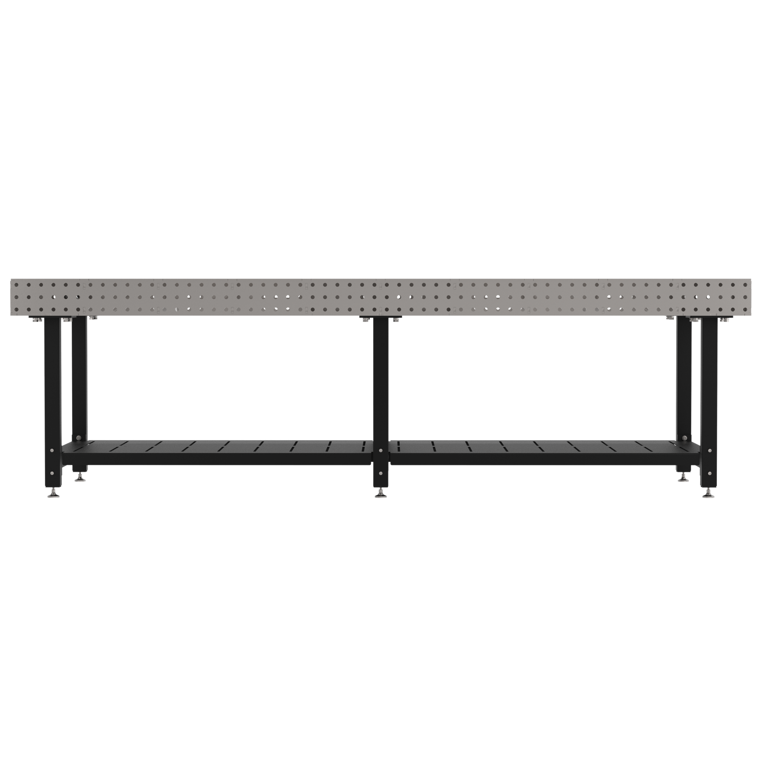 Welding Fixture Table, Fixed Height, 36"H x 120"L x 48"D, 1/4" Carbon Steel Top, Six Black Powdercoat Legs, Shelf, Self-Leveling Feet
