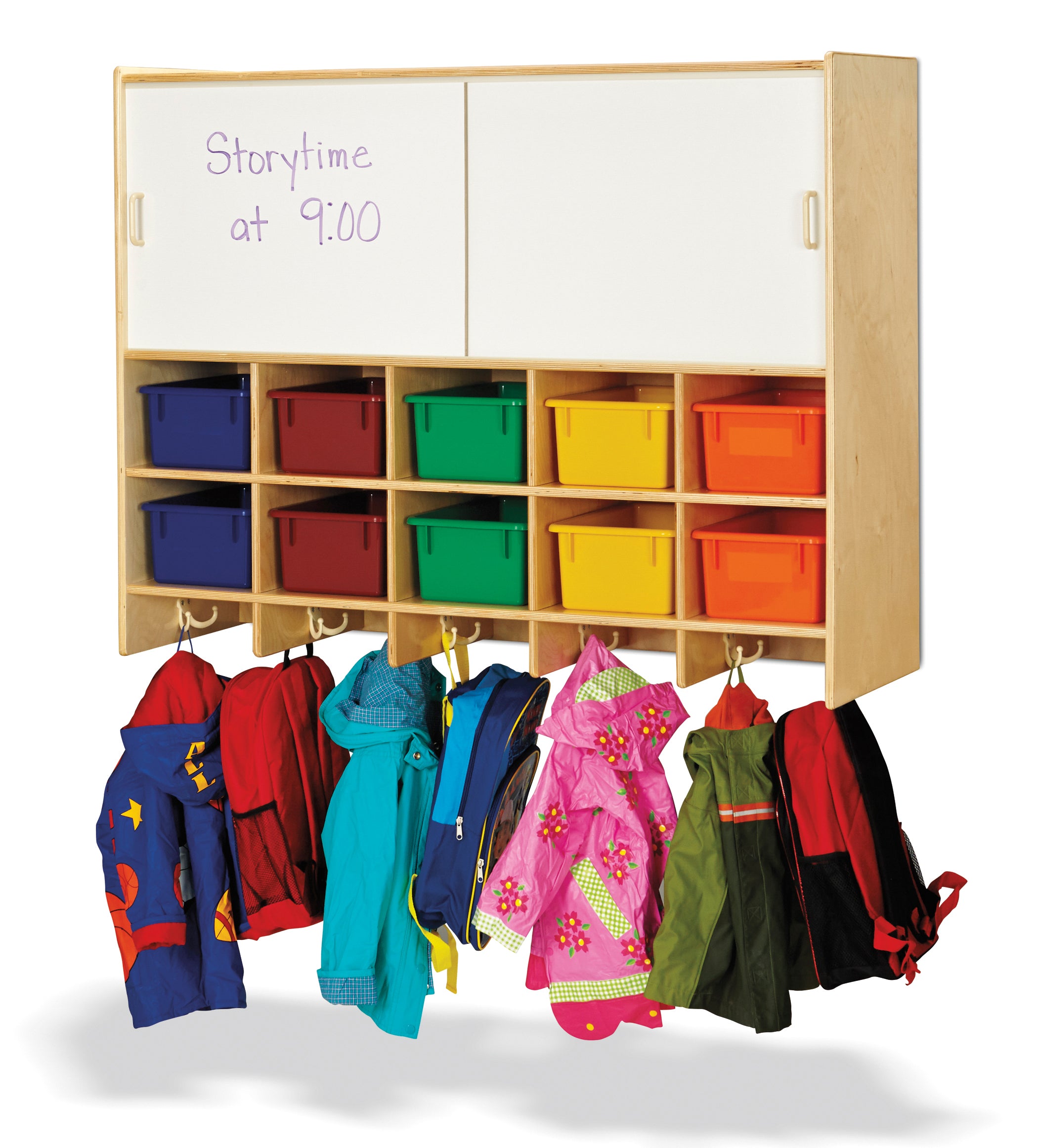 Jonti-Craft® 10 Section Wall Mount Coat Locker with Storage – with Colored Cubbie-Trays
