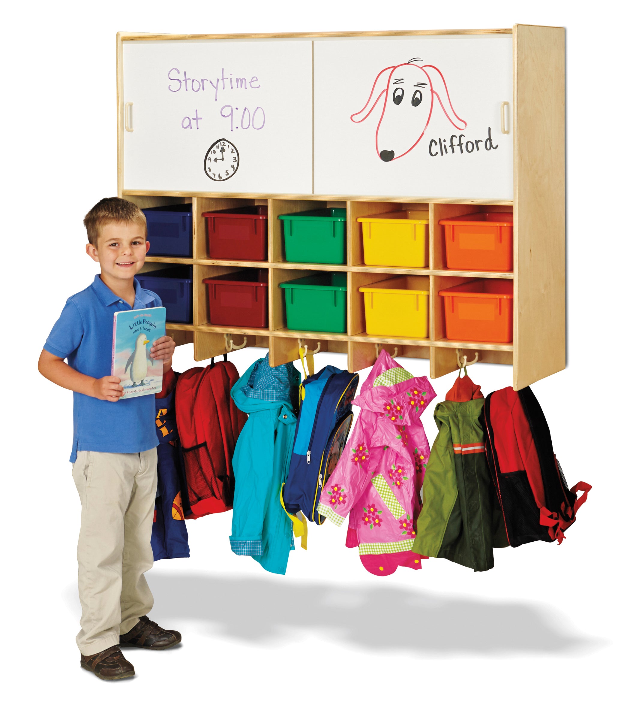Jonti-Craft® 10 Section Wall Mount Coat Locker with Storage – with Colored Cubbie-Trays
