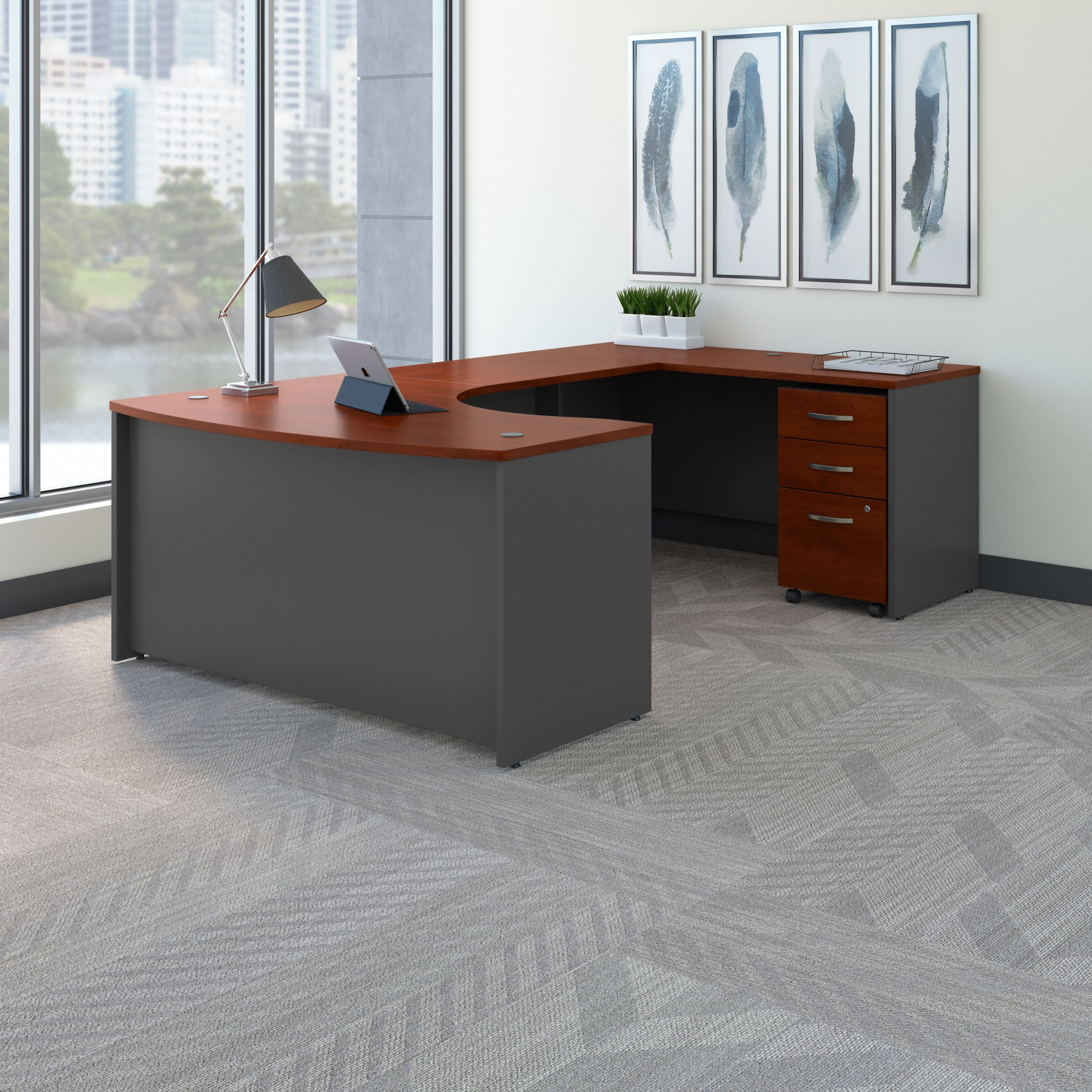 Bush Business Furniture Series C 60W Right Handed Bow Front U Shaped Desk with Mobile File Cabinet in Hansen Cherry - 59.45" Width x 101.65" Depth x 29.84" Height