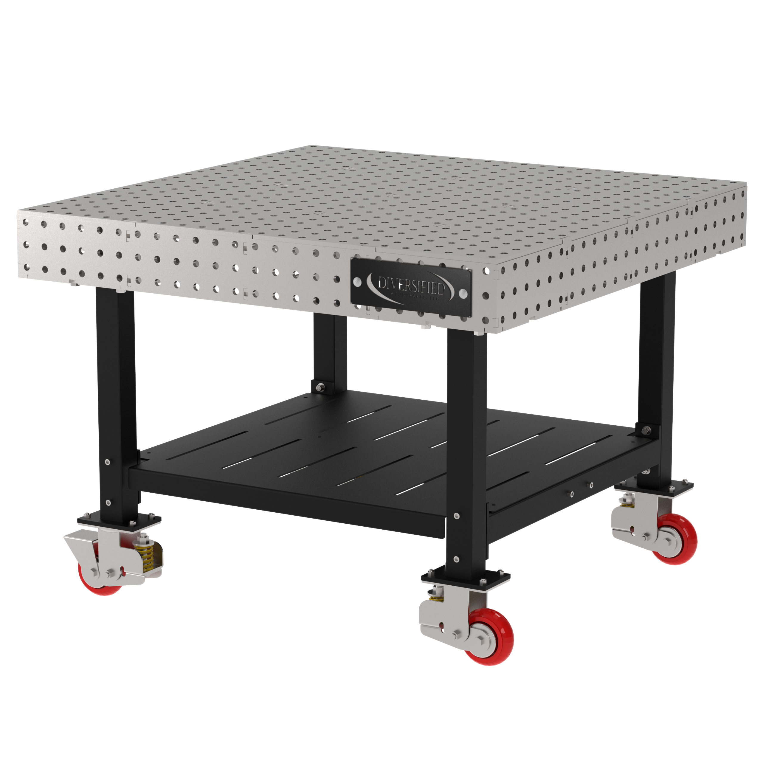 Welding Fixture Table, Fixed Height, 36"H x 48"L x 48"D, 1/4" Carbon Steel Top, Four Black Powdercoat Legs, Shelf, 4 Heavy Duty Suspension Casters (2 Locking/Swiveling Casters and 2 Non-Locking/Non-SwivelingCasters)